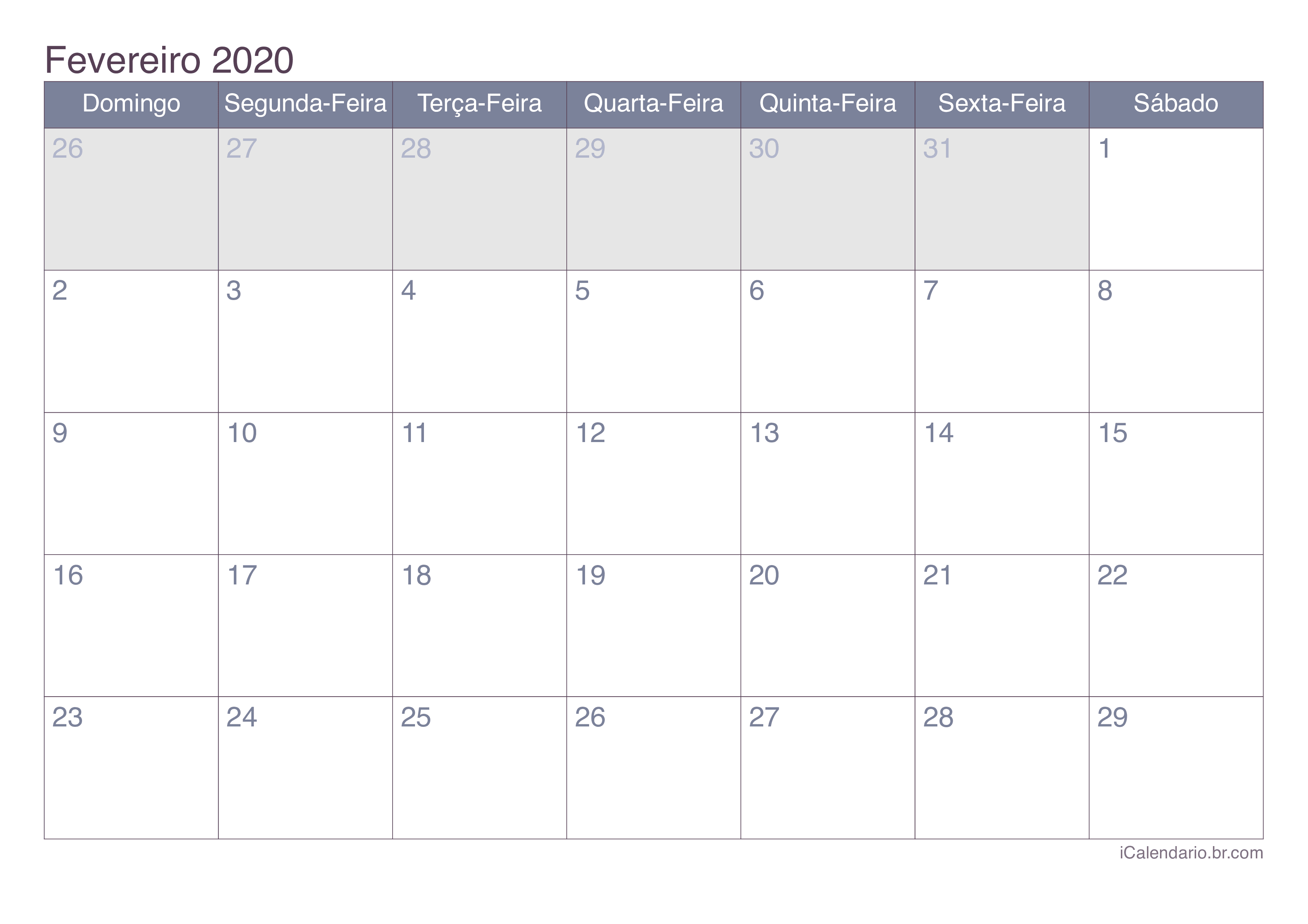 Calendário de fevereiro 2020 - Office