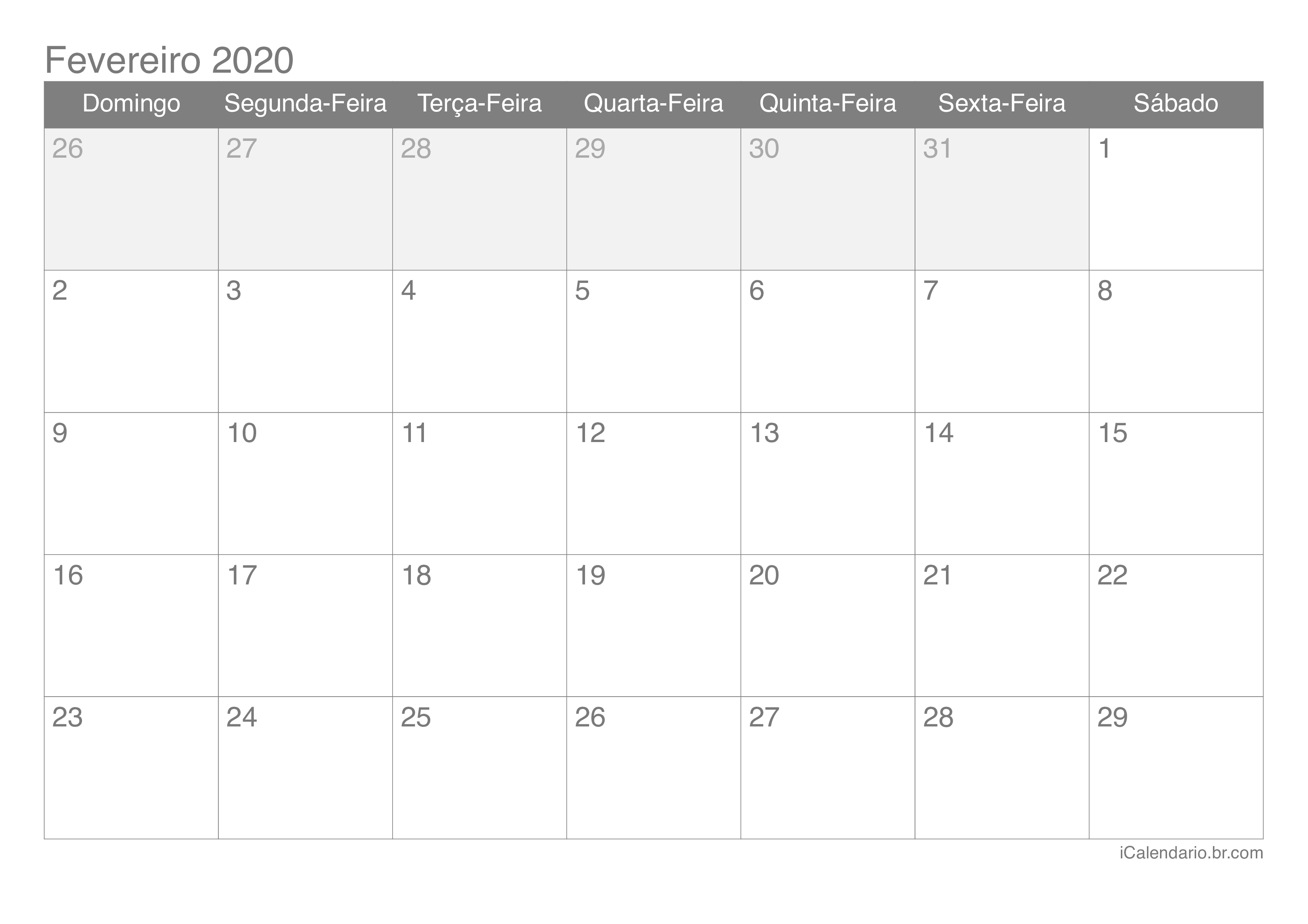 Calendário de fevereiro 2020