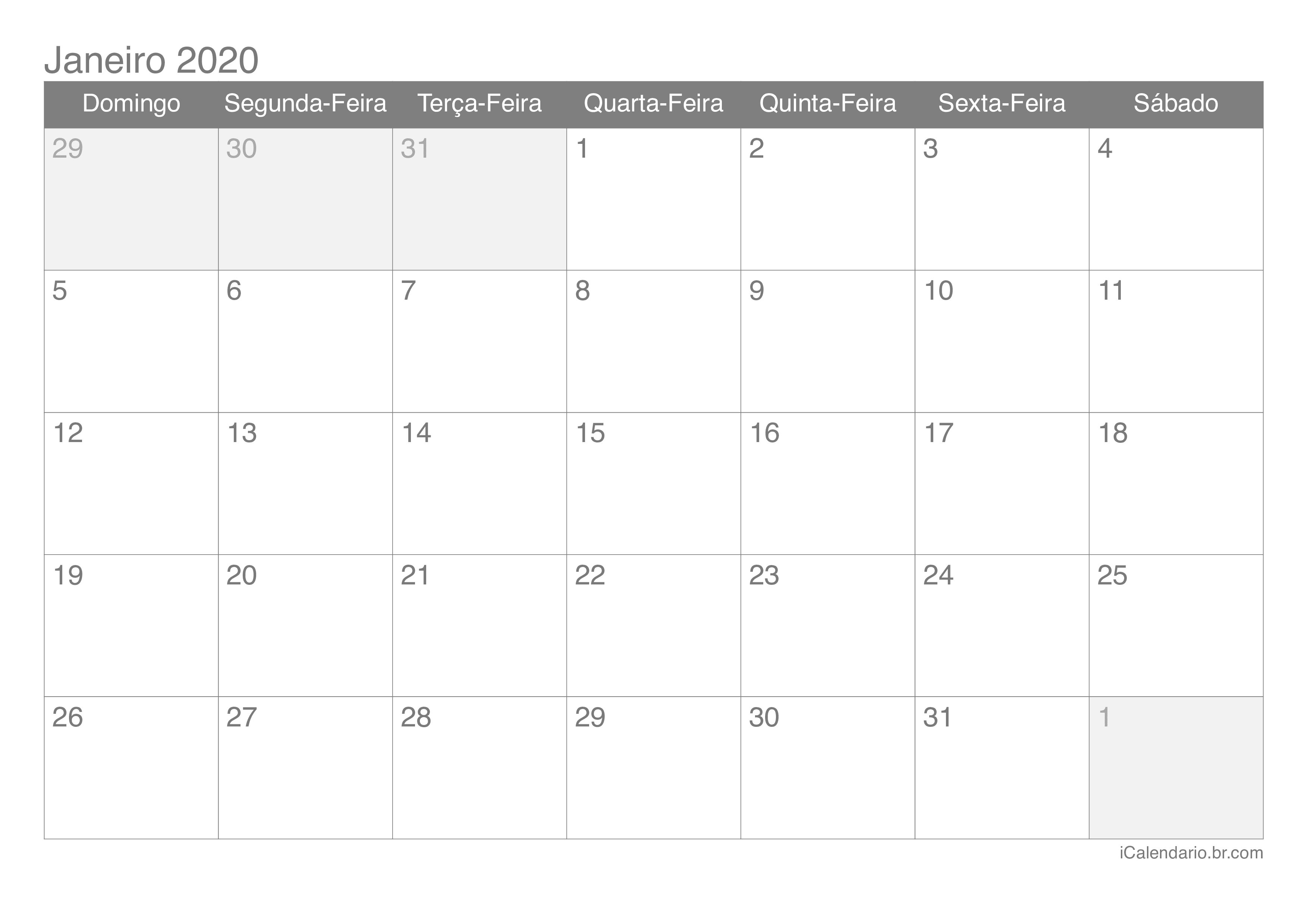 Calendário de janeiro 2020