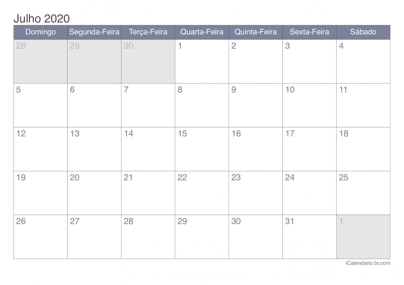 Calendário de julho 2020 - Office