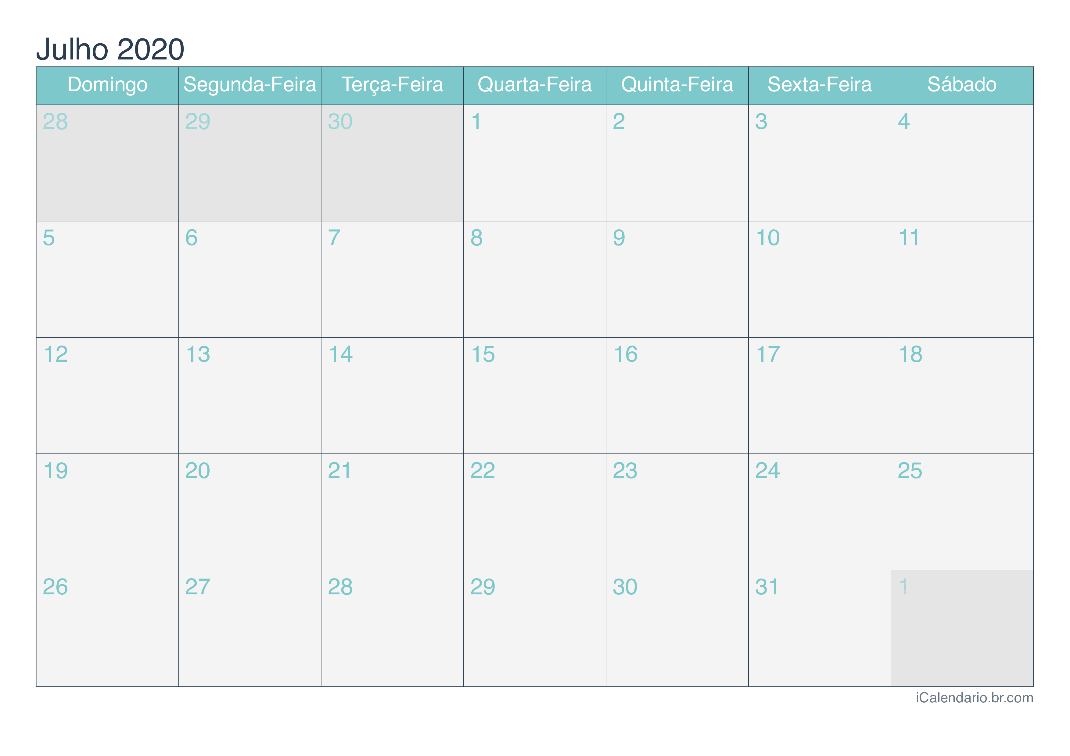 Calendário de julho 2020 - Turquesa