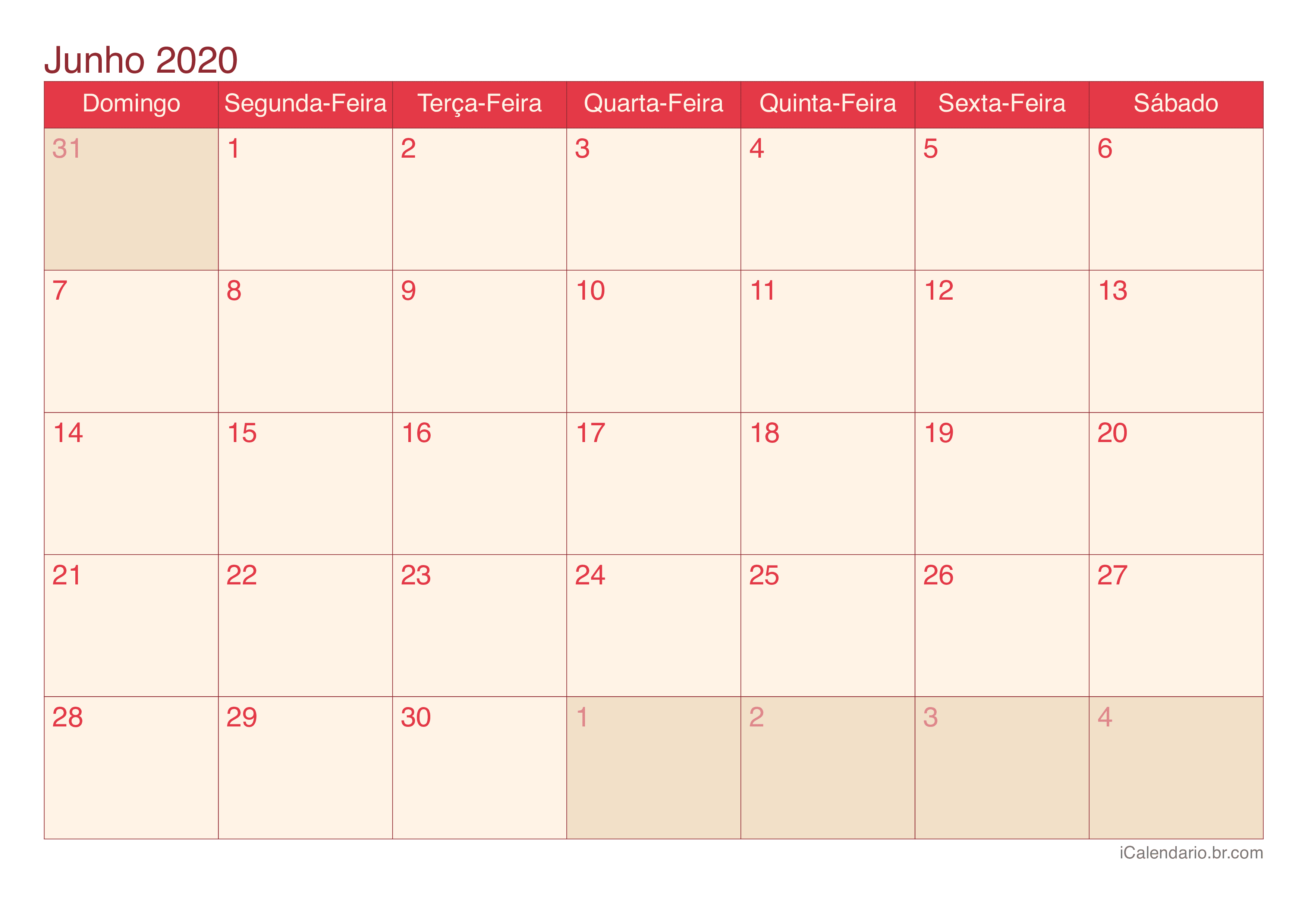 Calendário de junho 2020 - Cherry