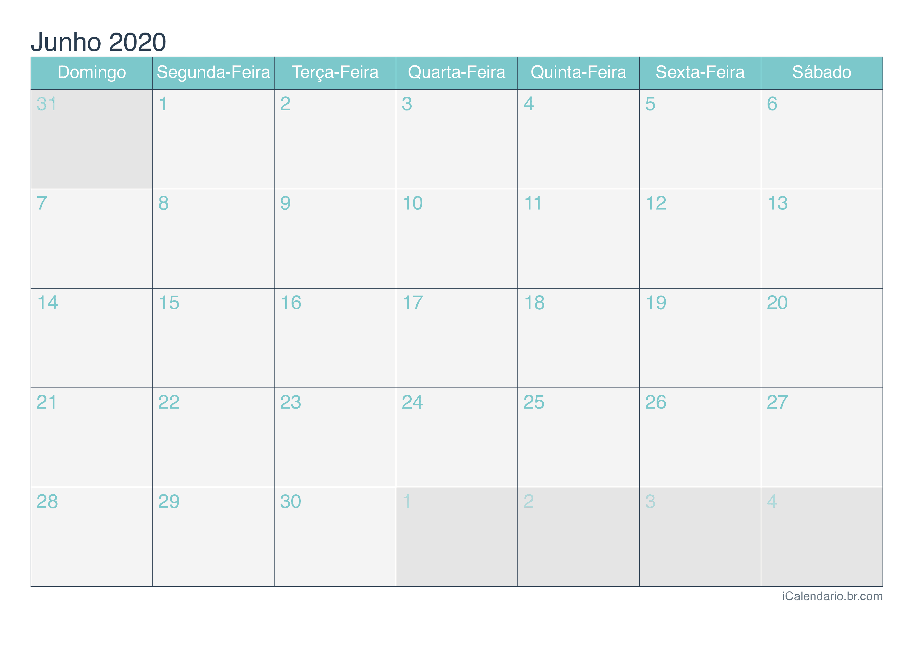 Calendário de junho 2020 - Turquesa