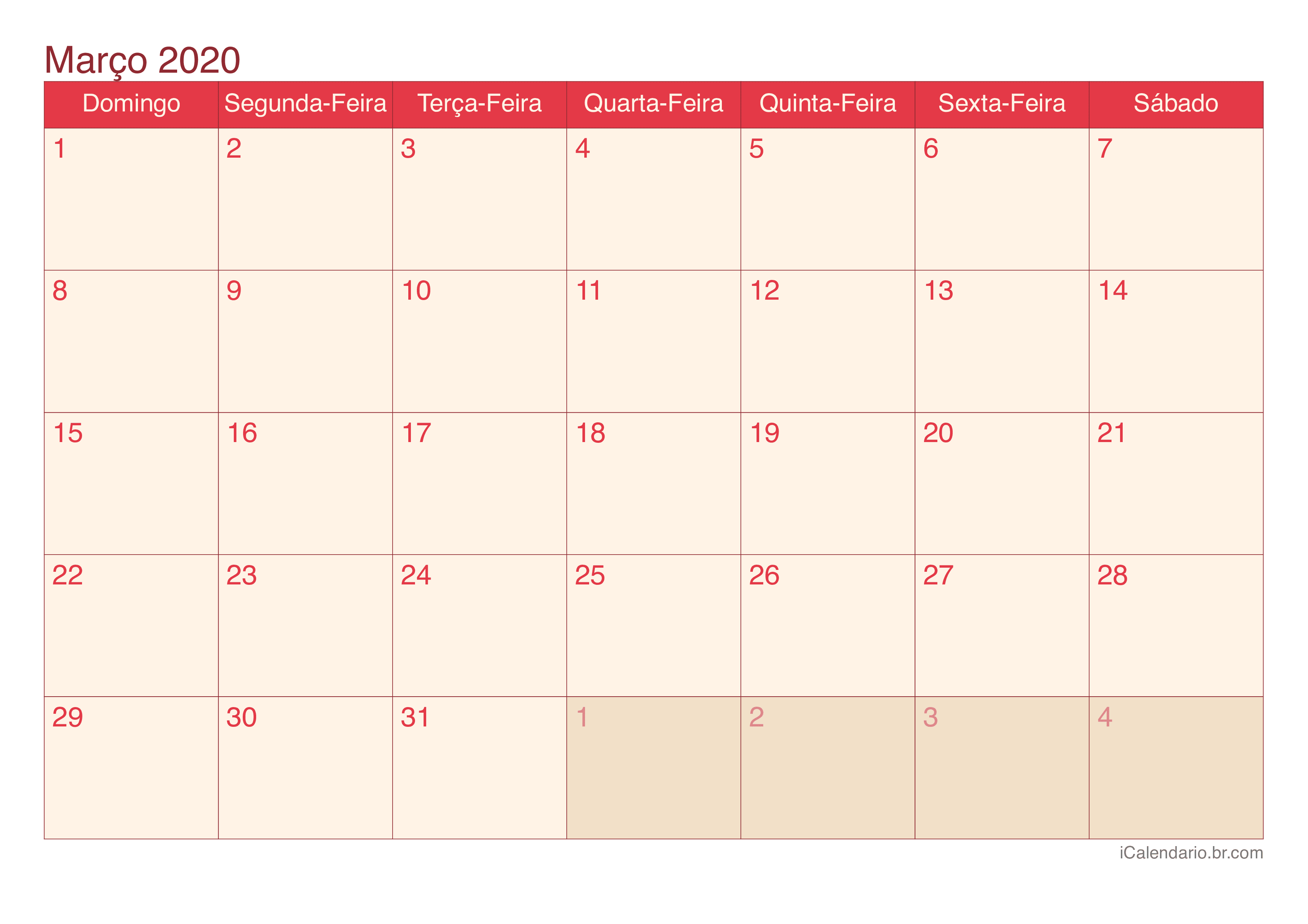 Calendário de março 2020 - Cherry
