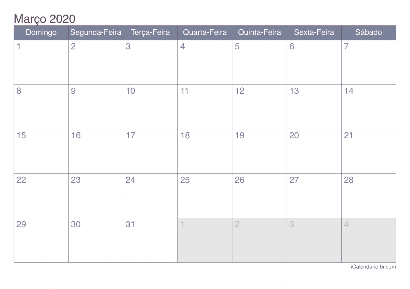 Calendário de março 2020 - Office