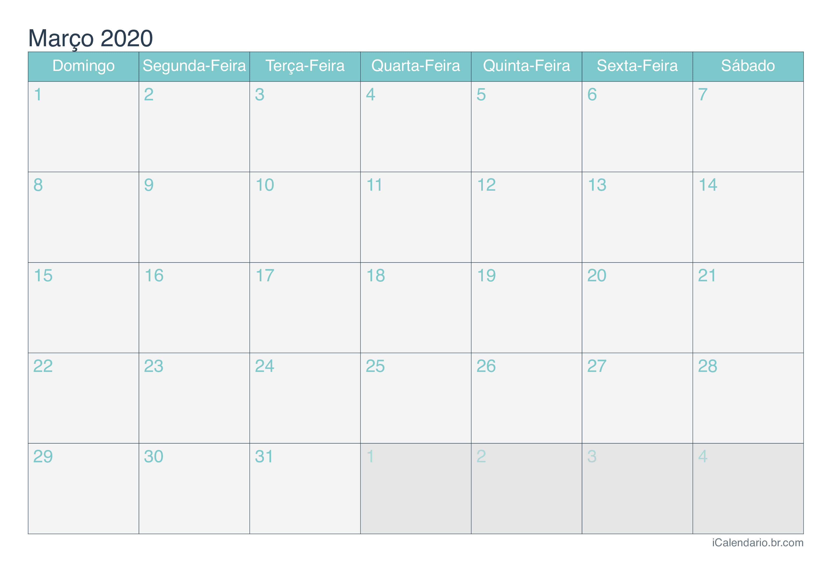 Calendário de março 2020 - Turquesa