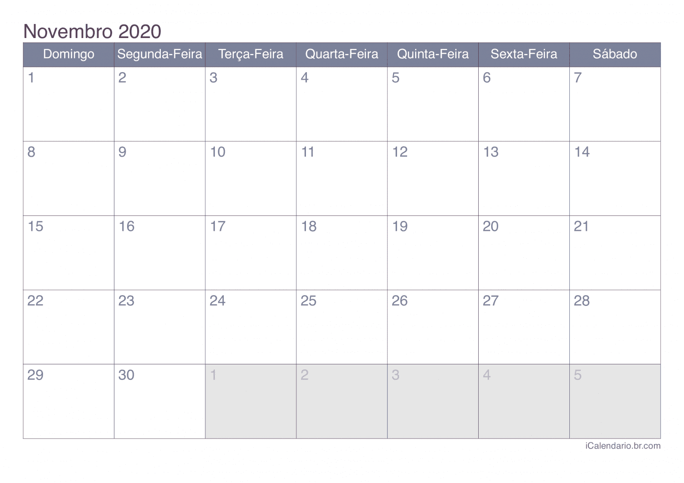 Calendário de novembro 2020 - Office