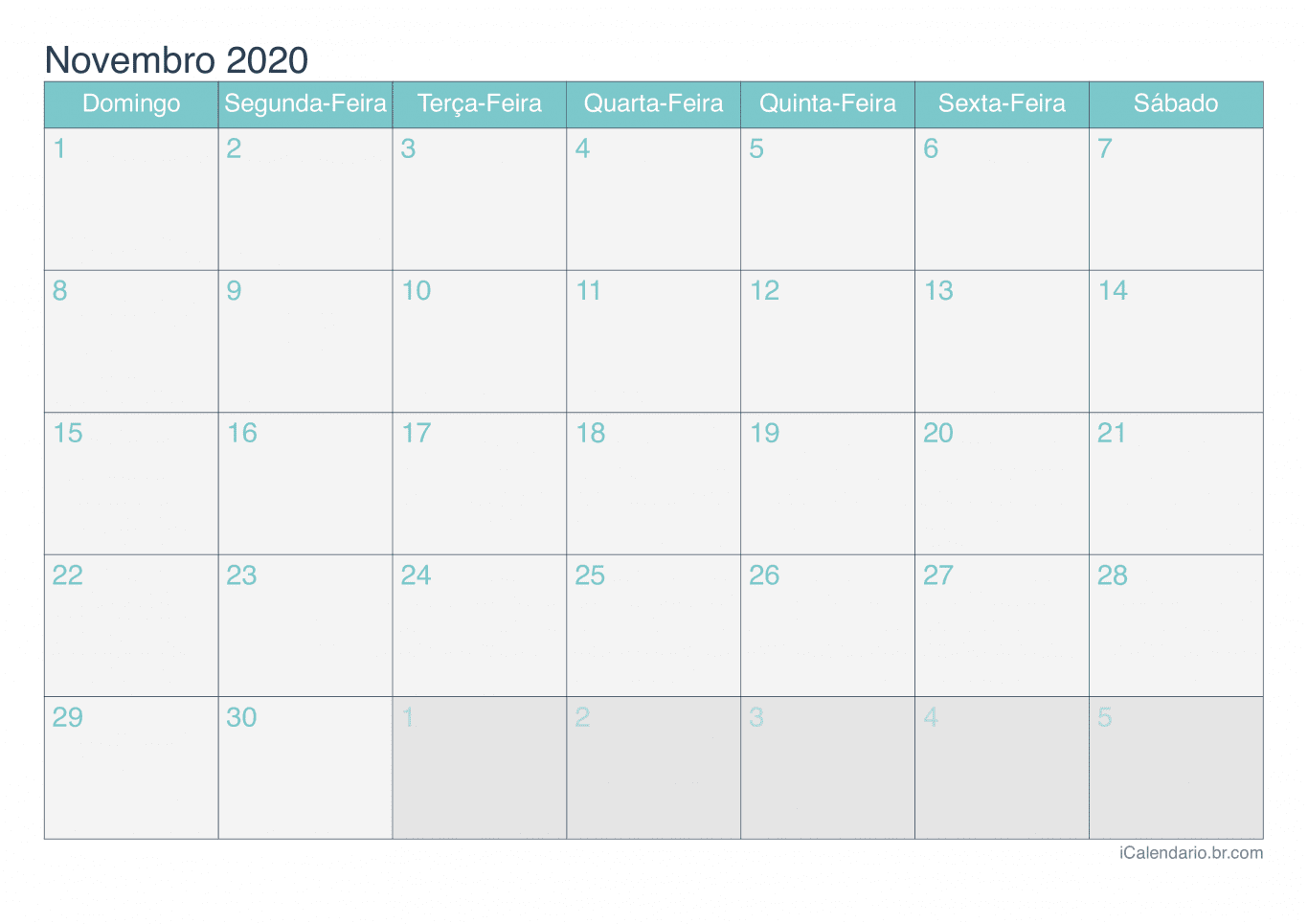 Calendário de novembro 2020 - Turquesa