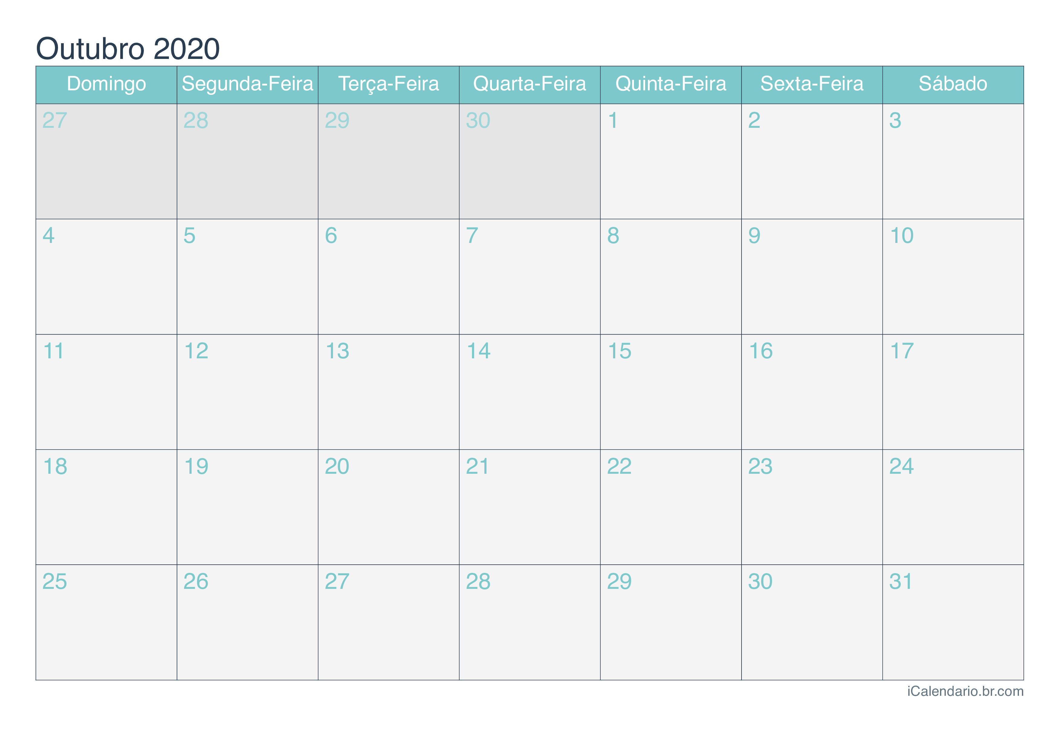 Calendário de outubro 2020 - Turquesa