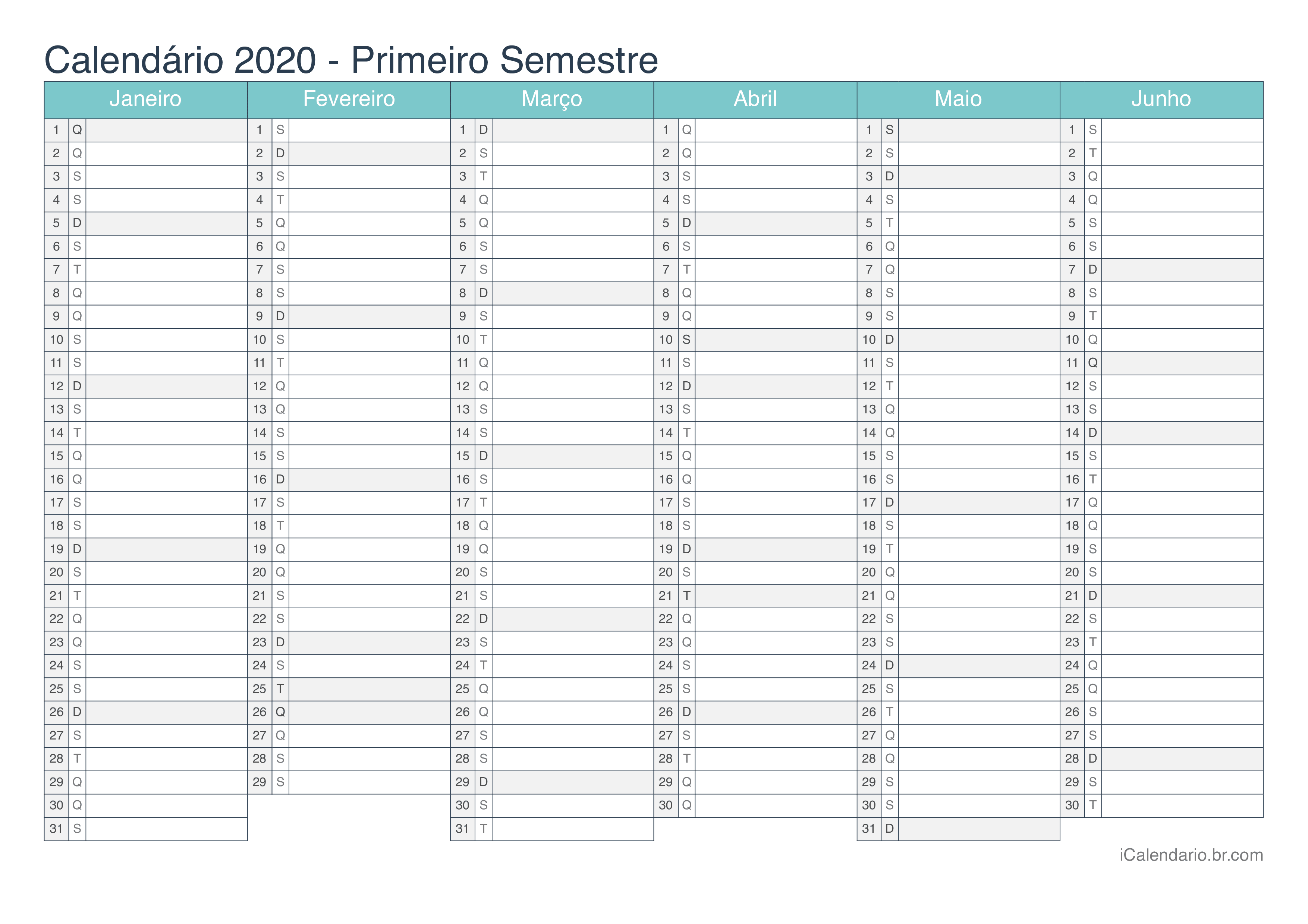 Calendário por semestre 2020 - Turquesa