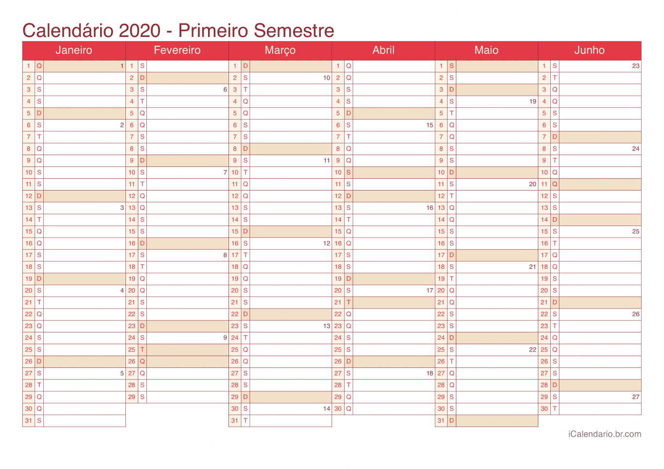 Calendário por semestre com números da semana 2020 - Cherry