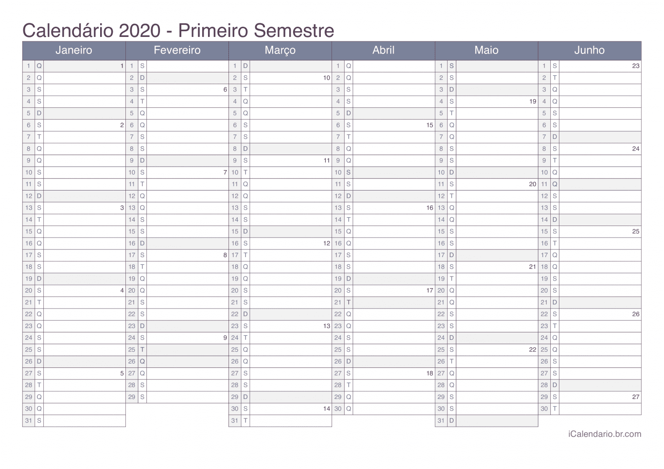 Calendário por semestre com números da semana 2020 - Office