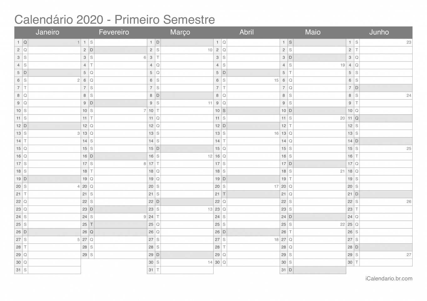 Calendário por semestre com números da semana 2020