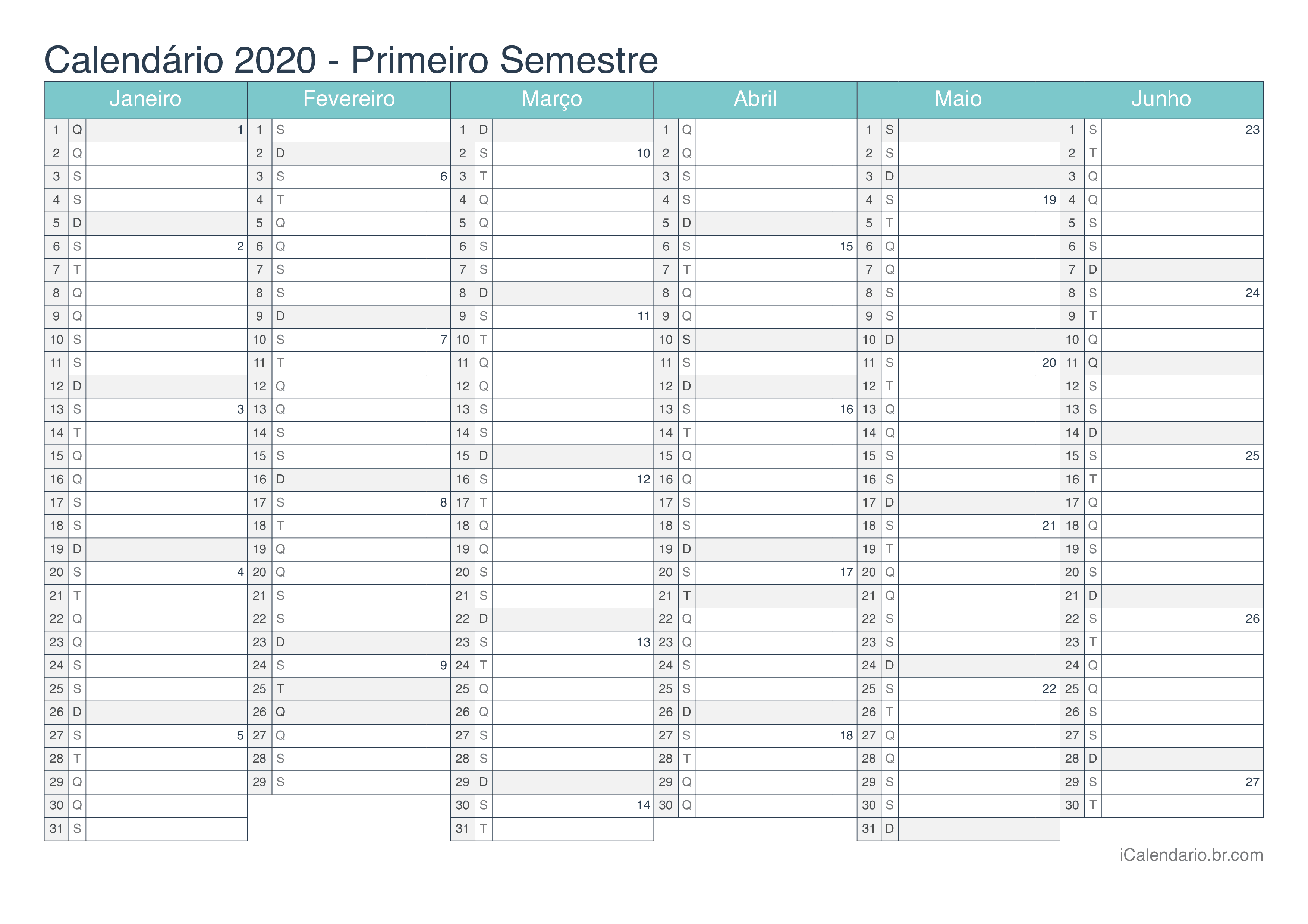 Calendário por semestre com números da semana 2020 - Turquesa