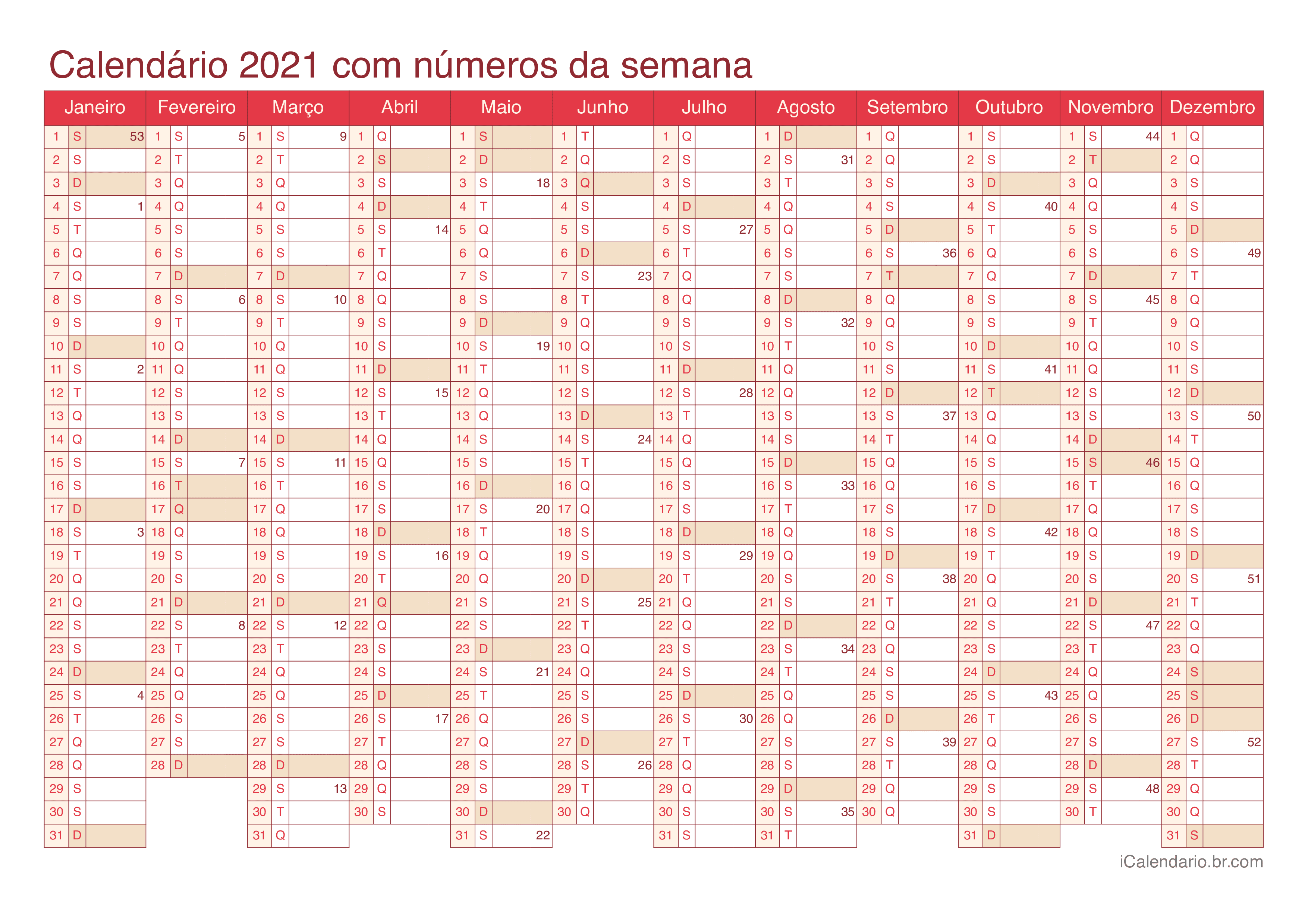 Calendário 2021 com números da semana - Cherry