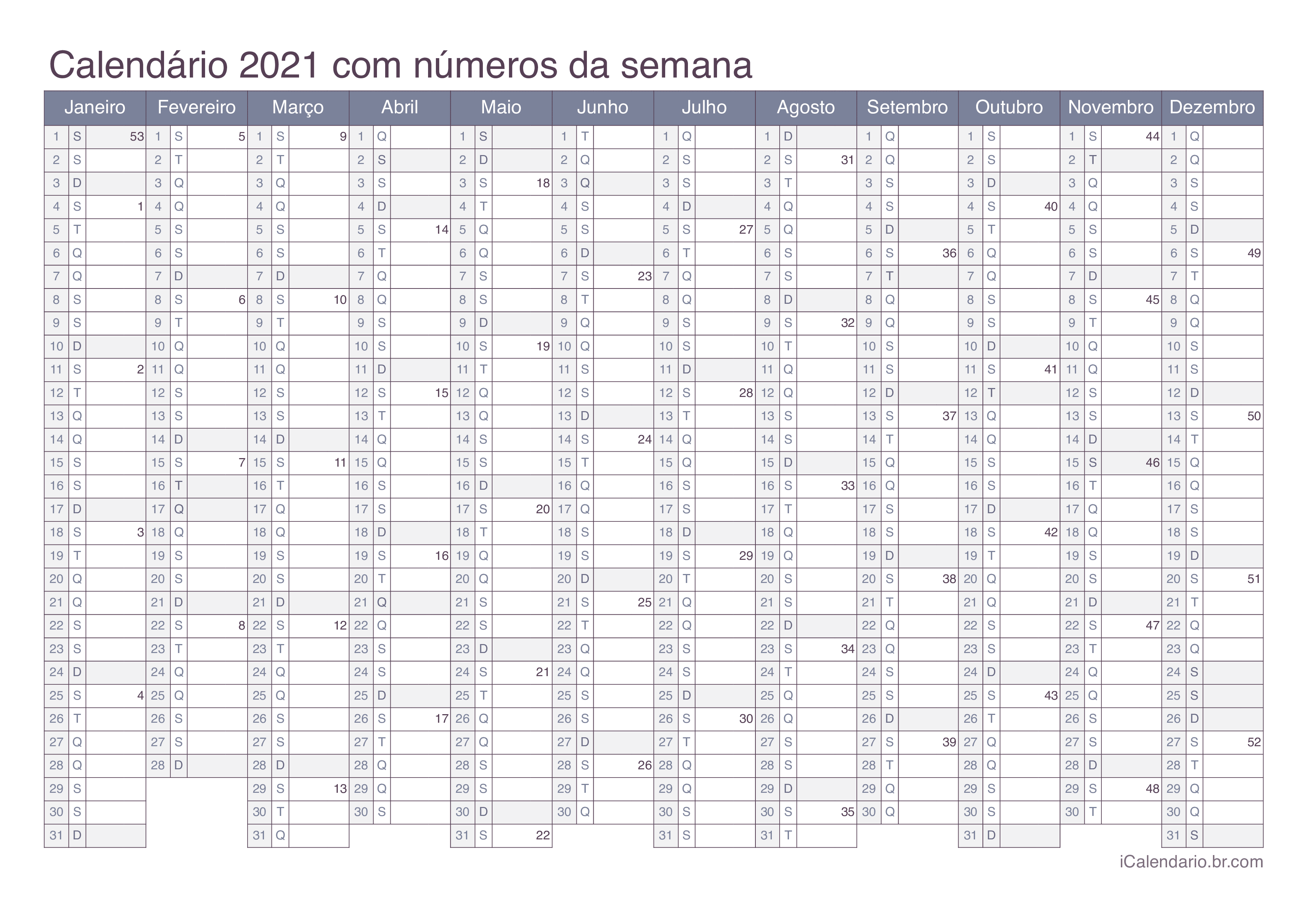 Calendário 2021 com números da semana - Office