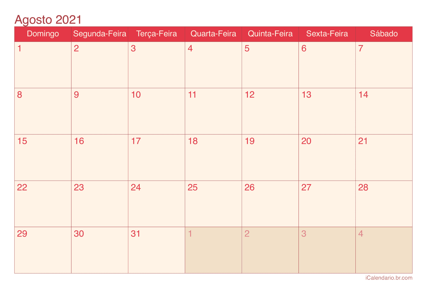 Calendário de agosto 2021 - Cherry