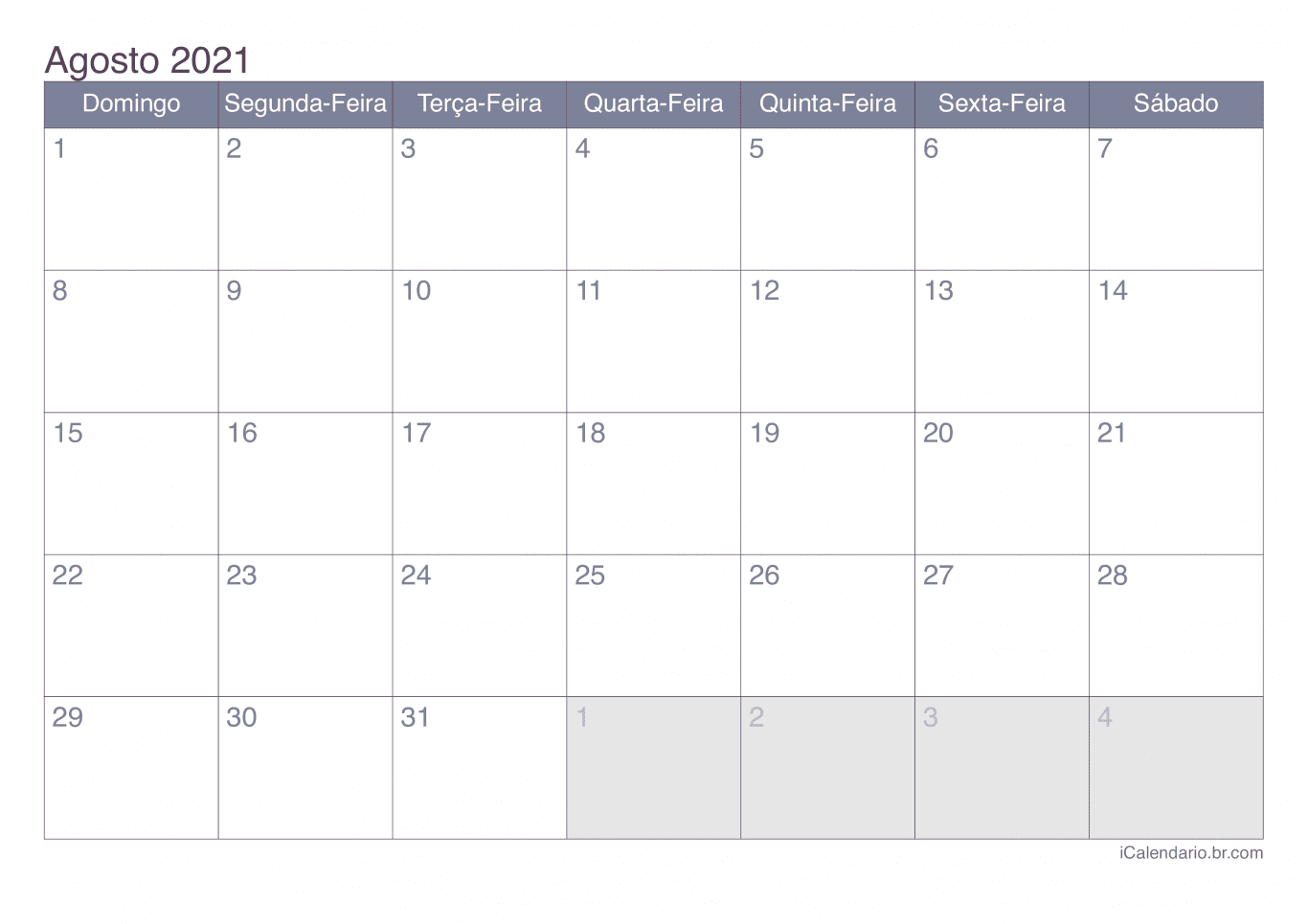 Calendário de agosto 2021 - Office