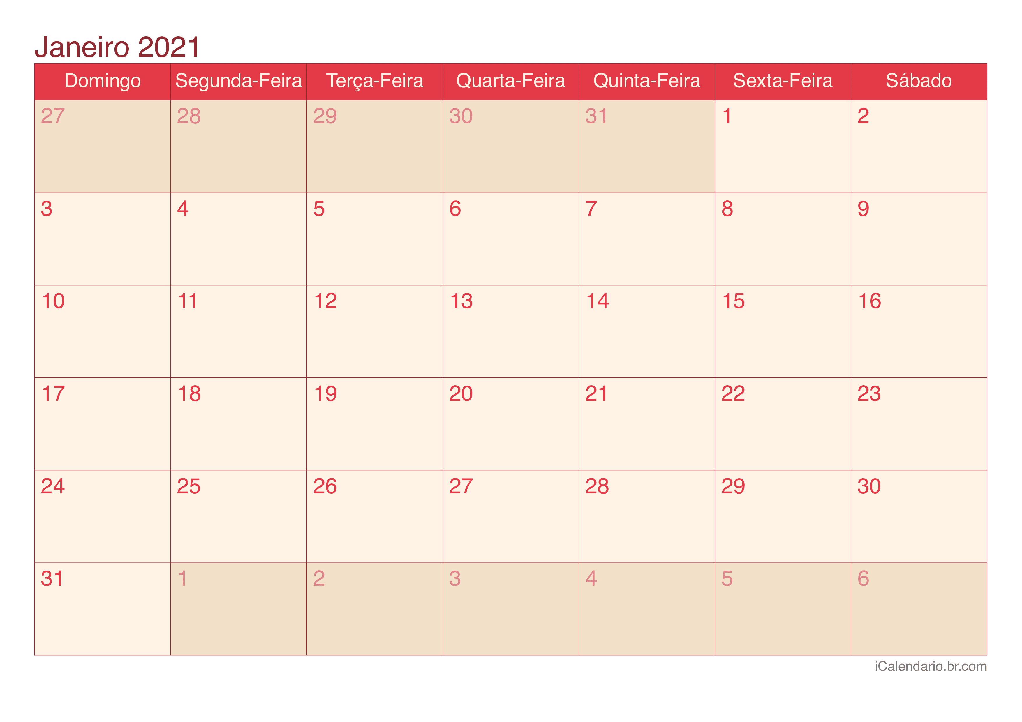 Calendário por mês 2021 - Cherry