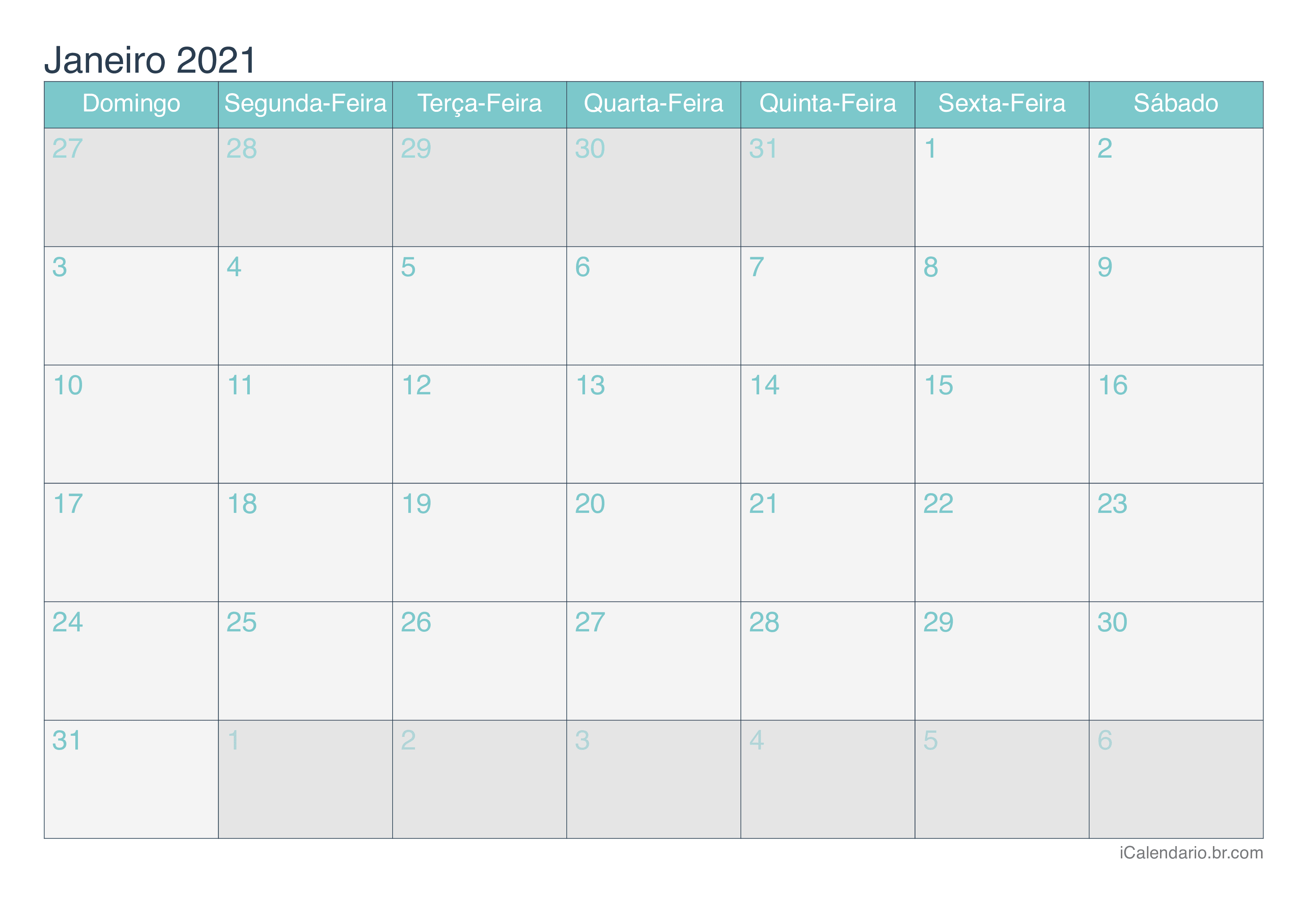 Calendário por mês 2021 - Turquesa