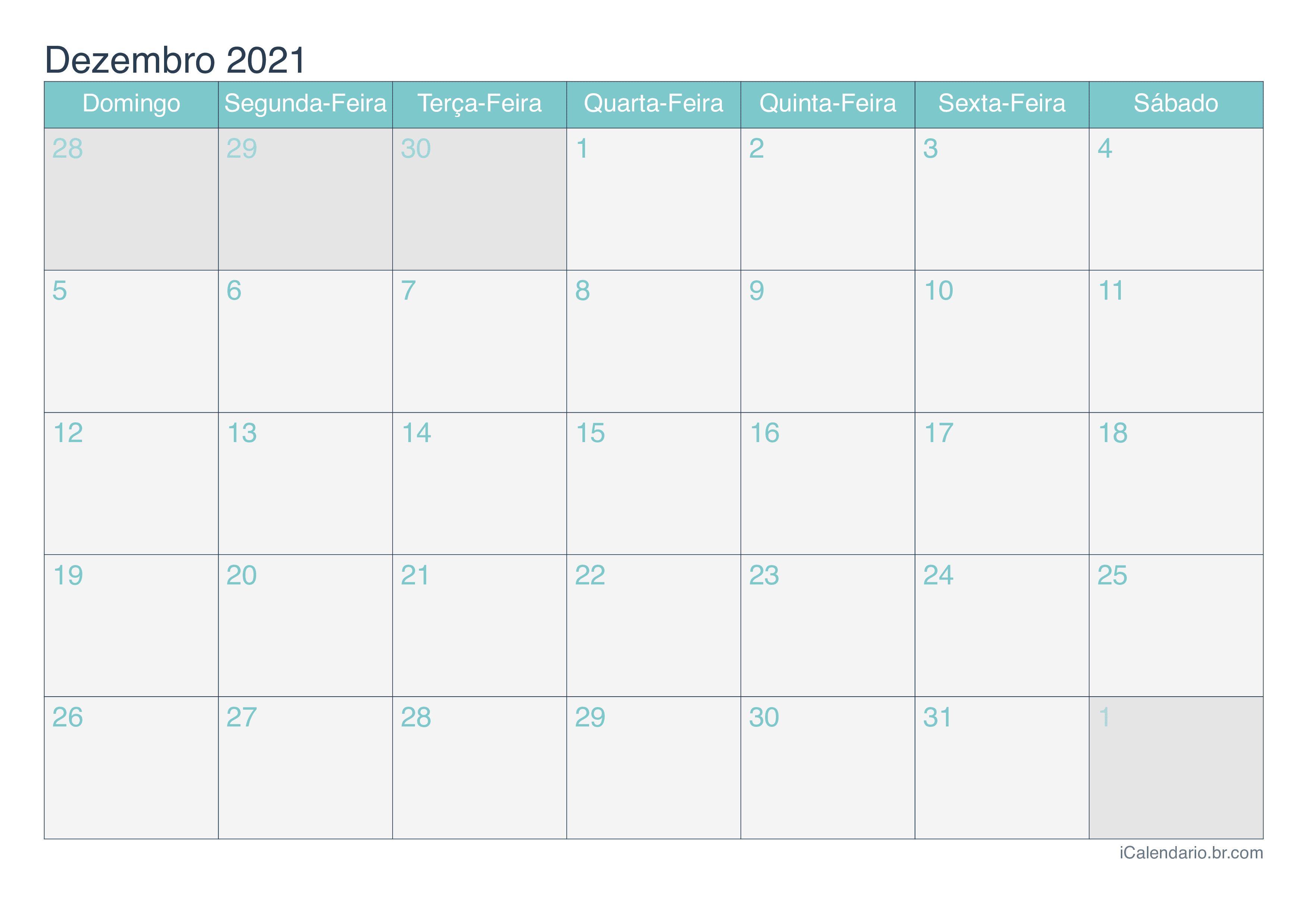 Calendário de dezembro 2021 - Turquesa