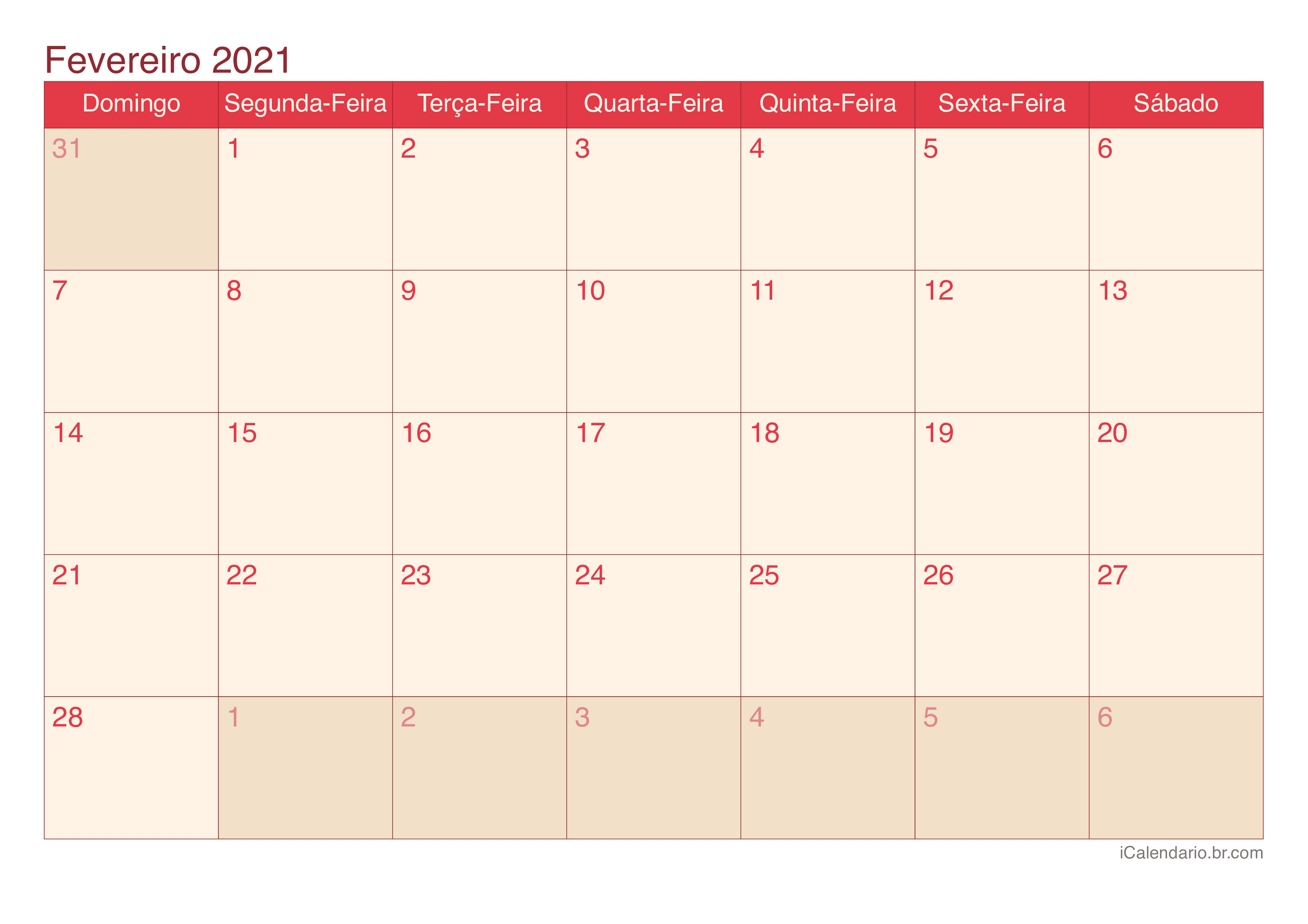 Calendário de fevereiro 2021 - Cherry