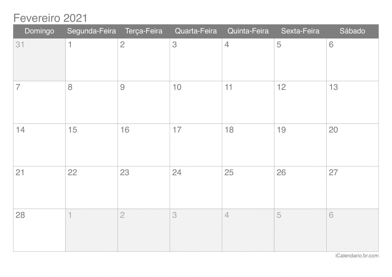 Calendário de fevereiro 2021