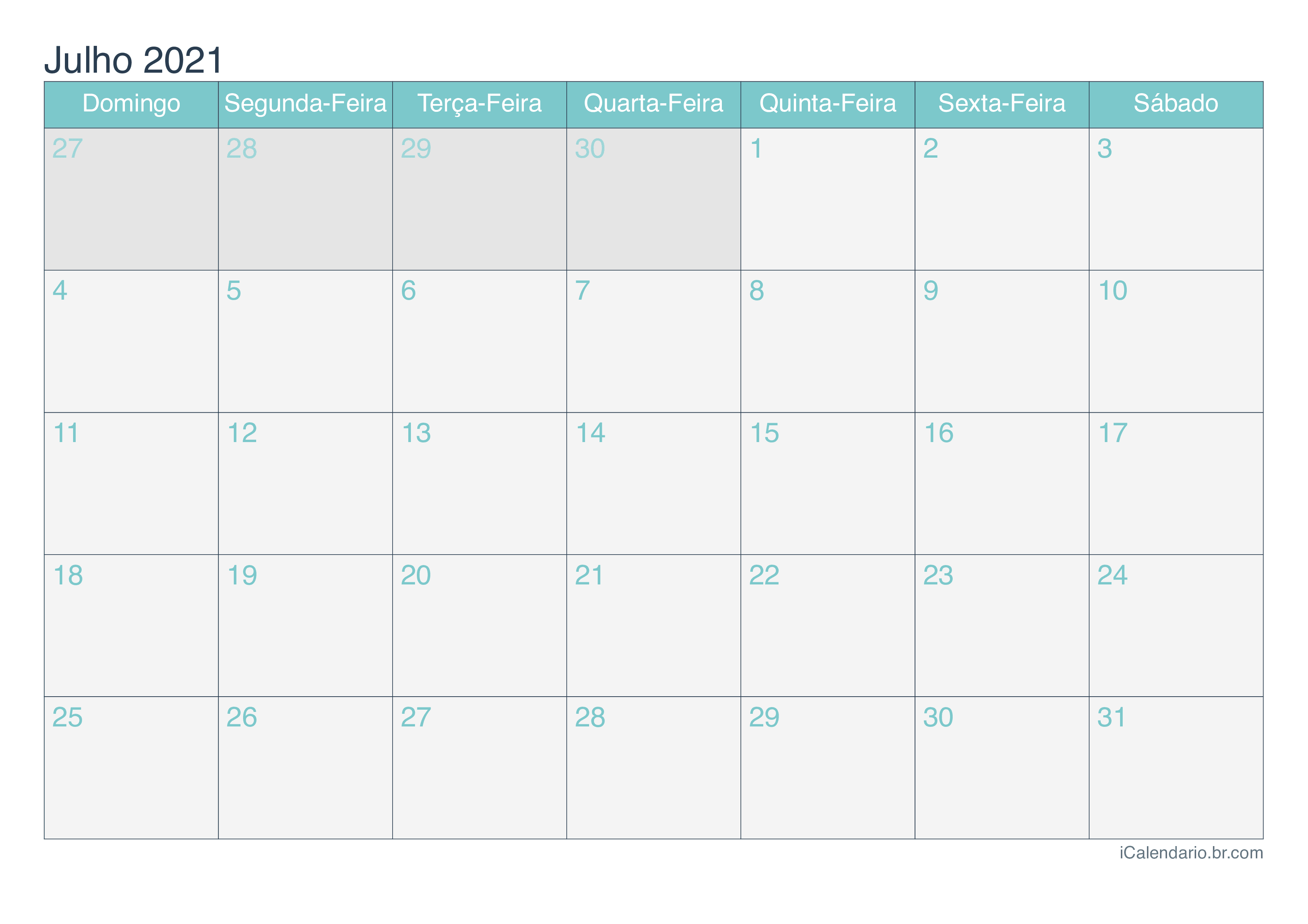 Calendário de julho 2021 - Turquesa
