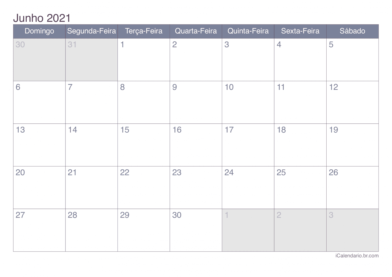 Calendário de junho 2021 - Office