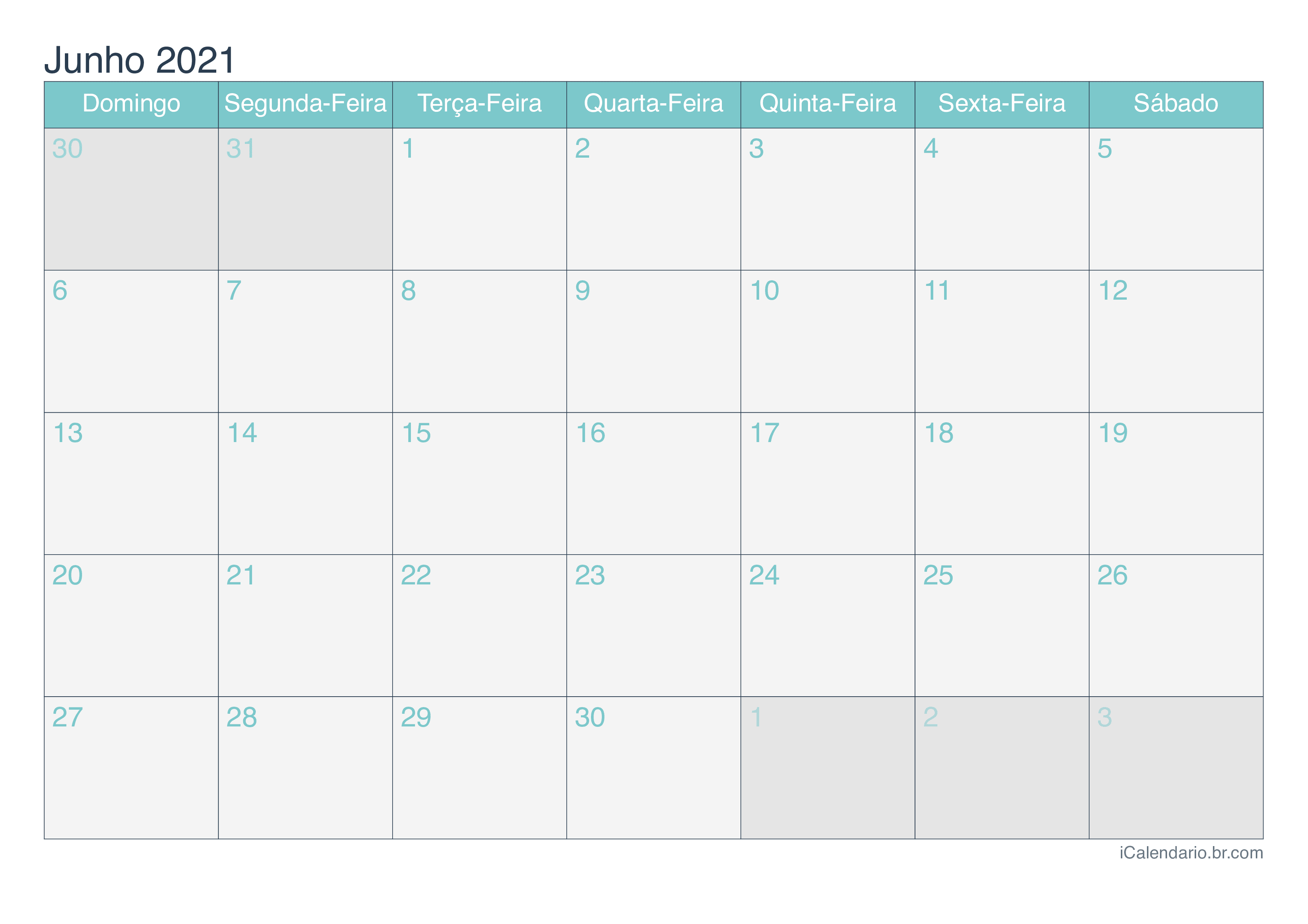 Calendário de junho 2021 - Turquesa