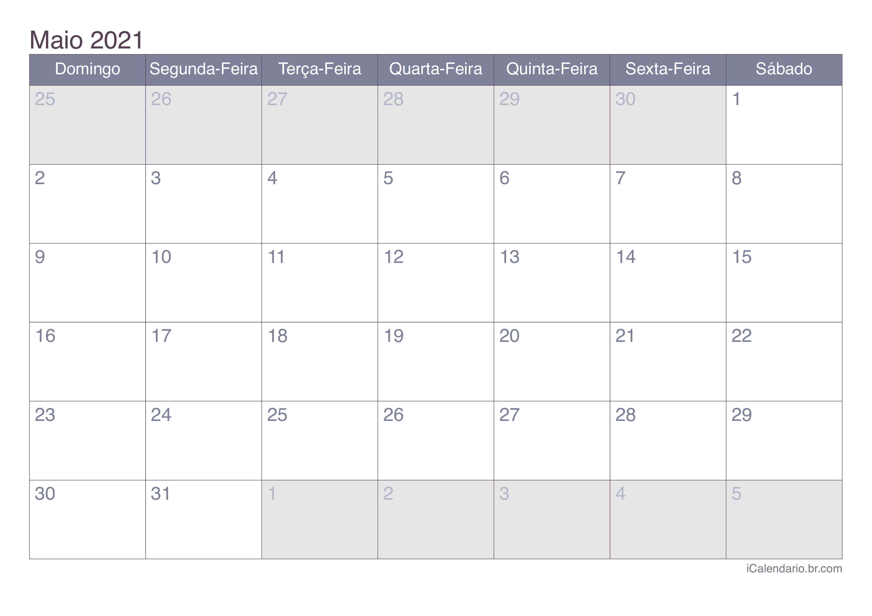 Calendário de maio 2021 - Office