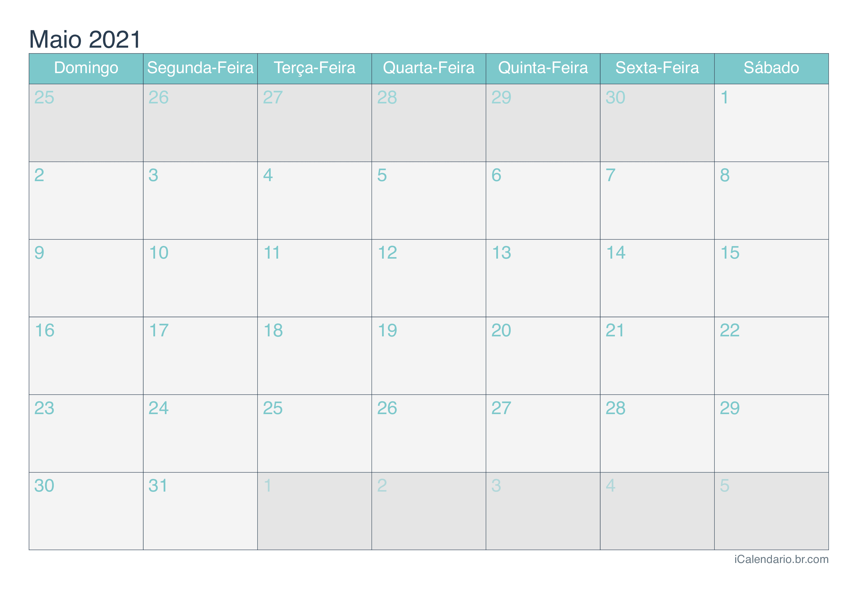 Calendário de maio 2021 - Turquesa