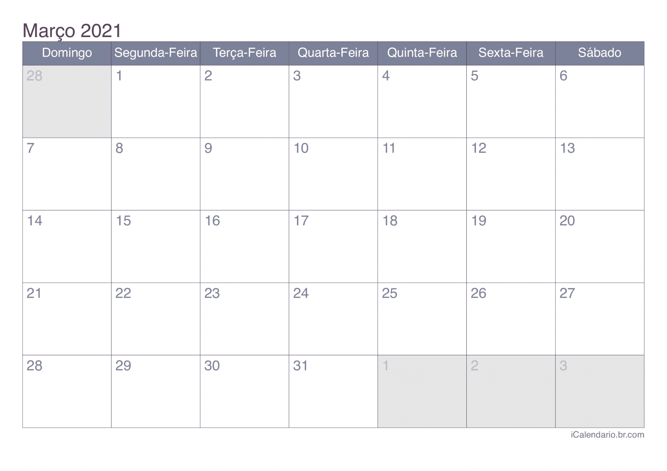 Calendário de março 2021 - Office