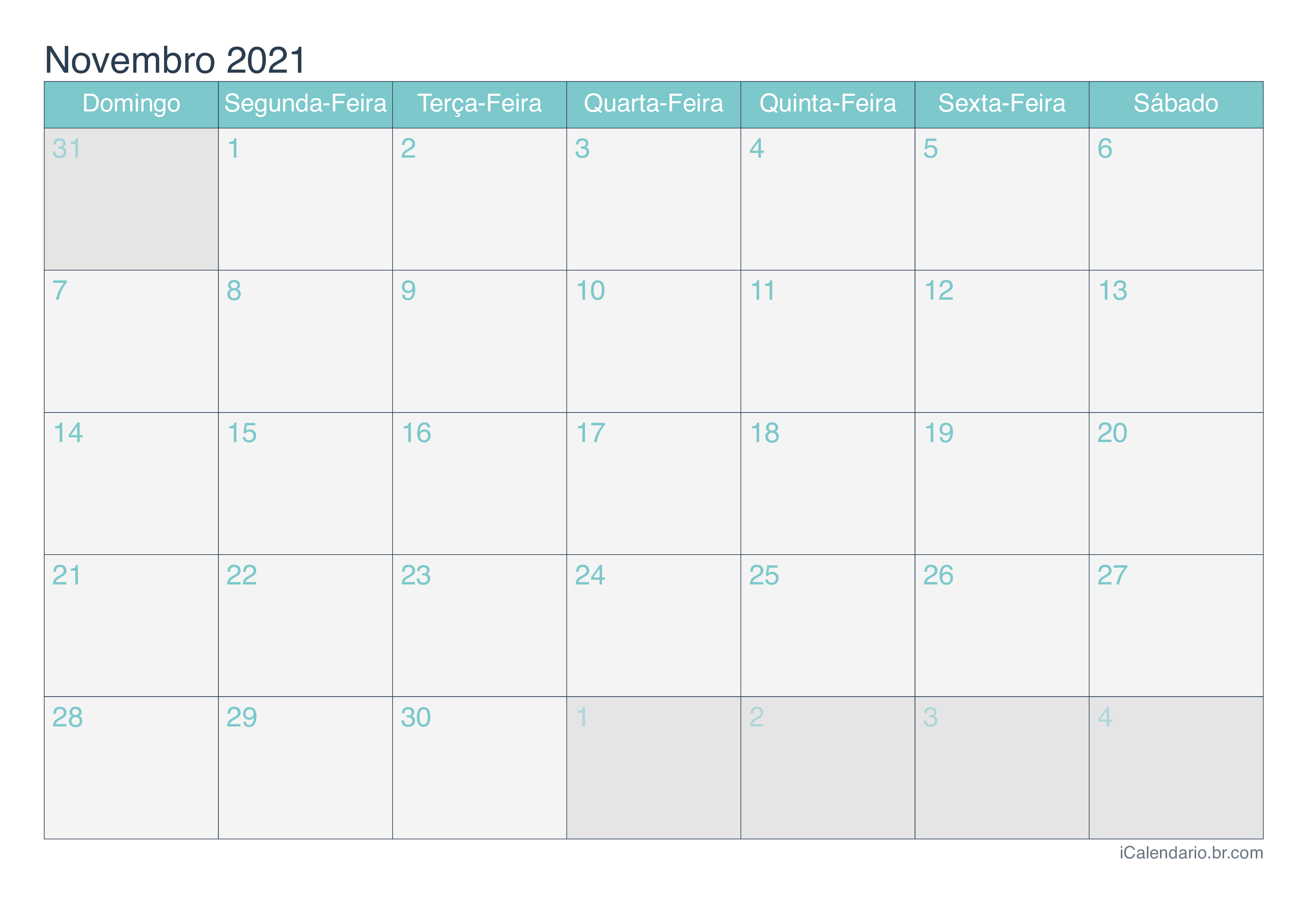 Calendário de novembro 2021 - Turquesa