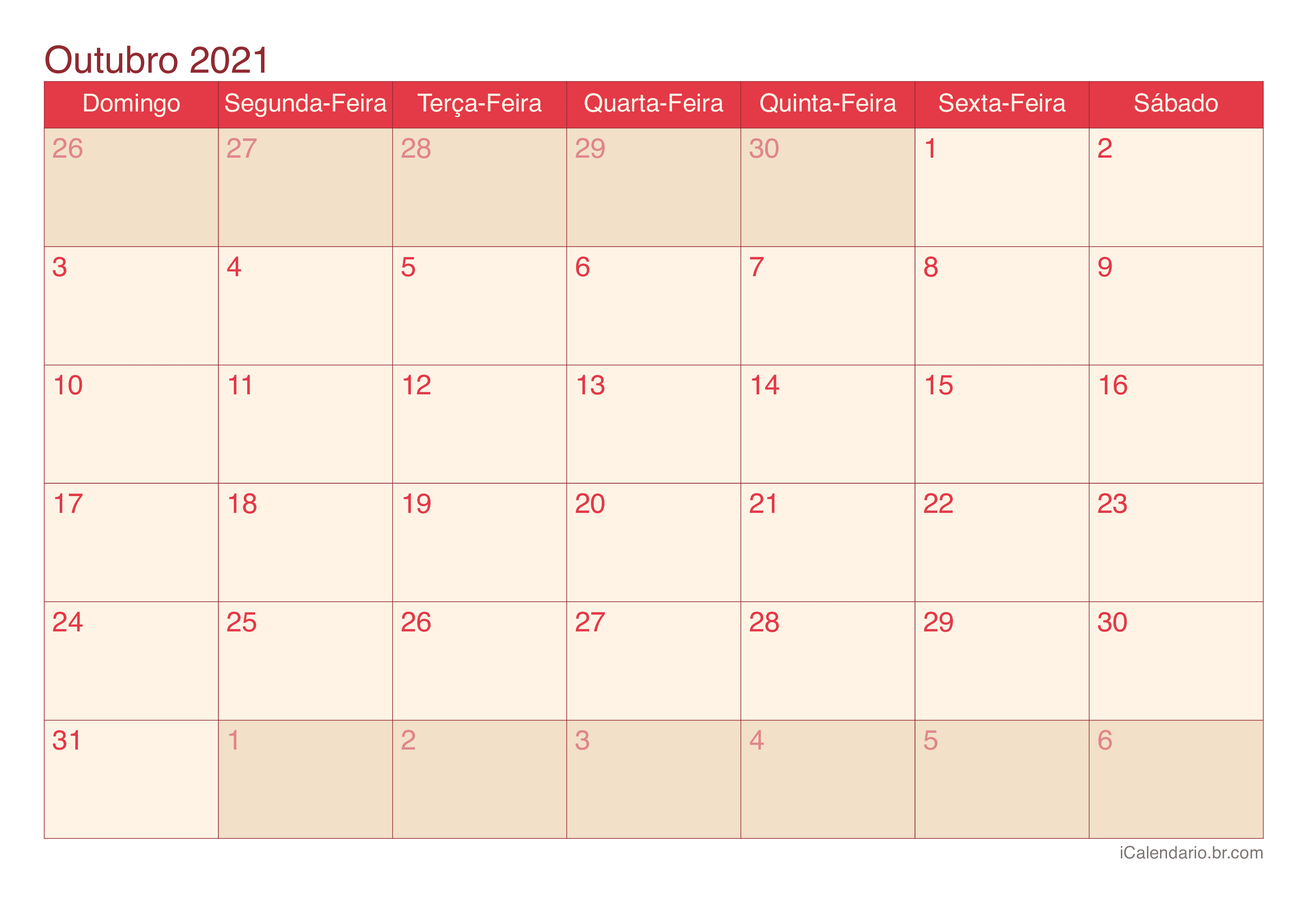 Calendário de outubro 2021 - Cherry