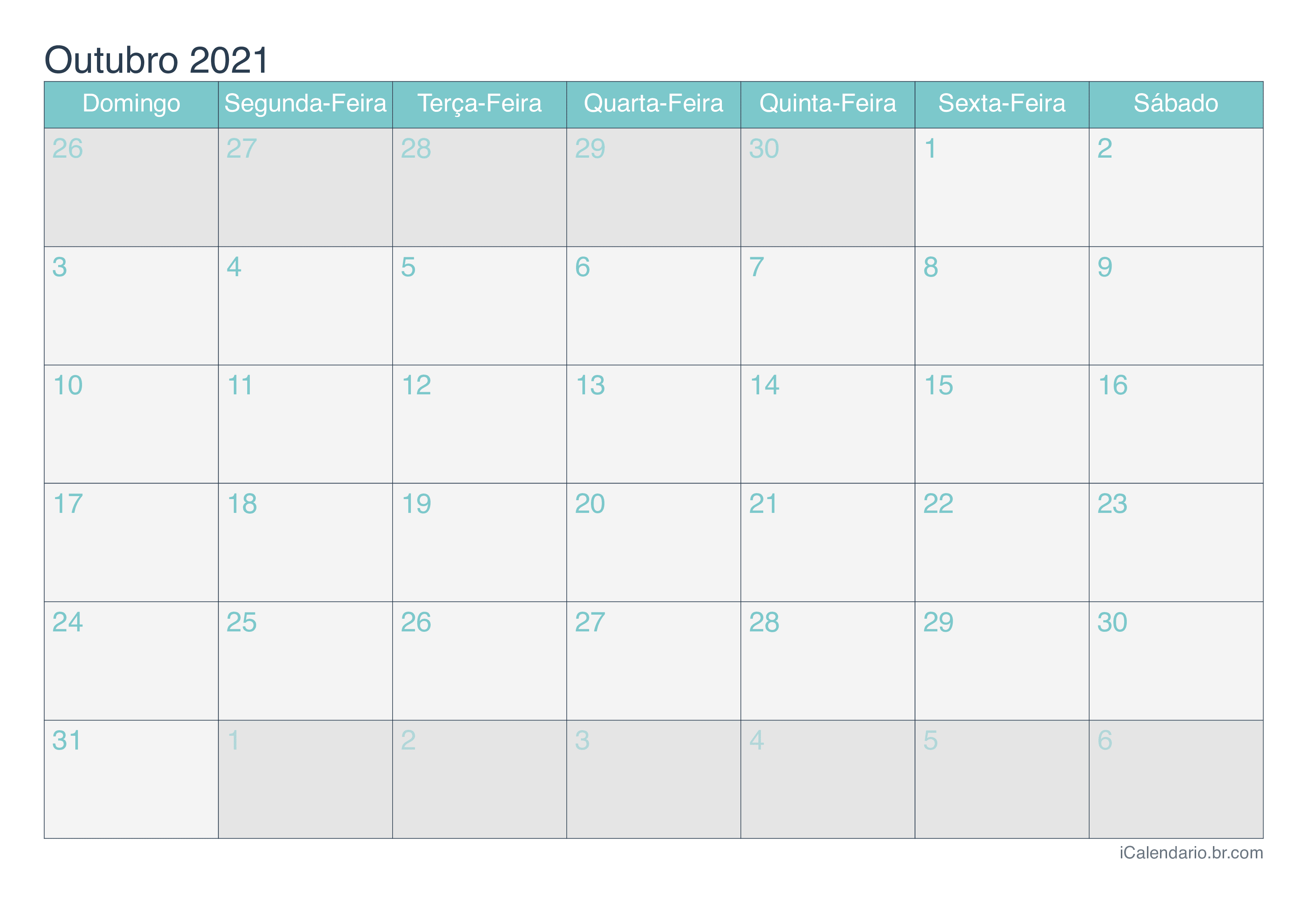 Calendário de outubro 2021 - Turquesa