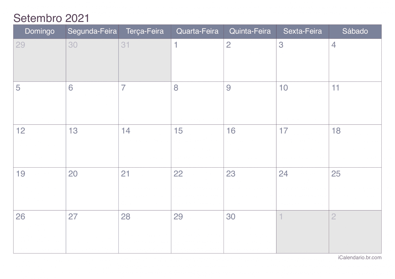Calendário de setembro 2021 - Office