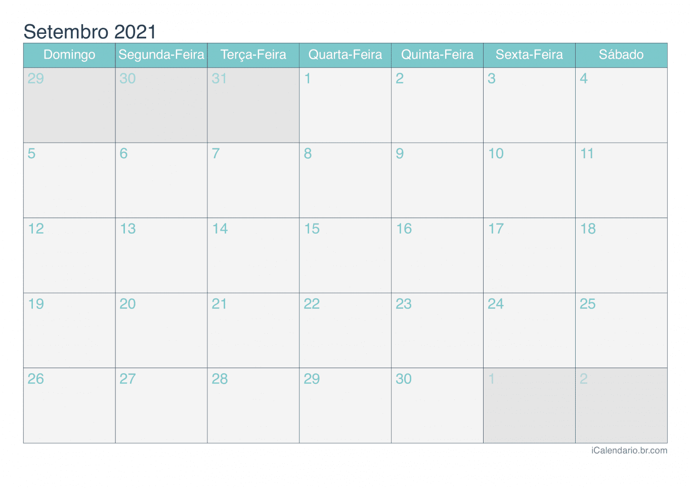 Calendário de setembro 2021 - Turquesa