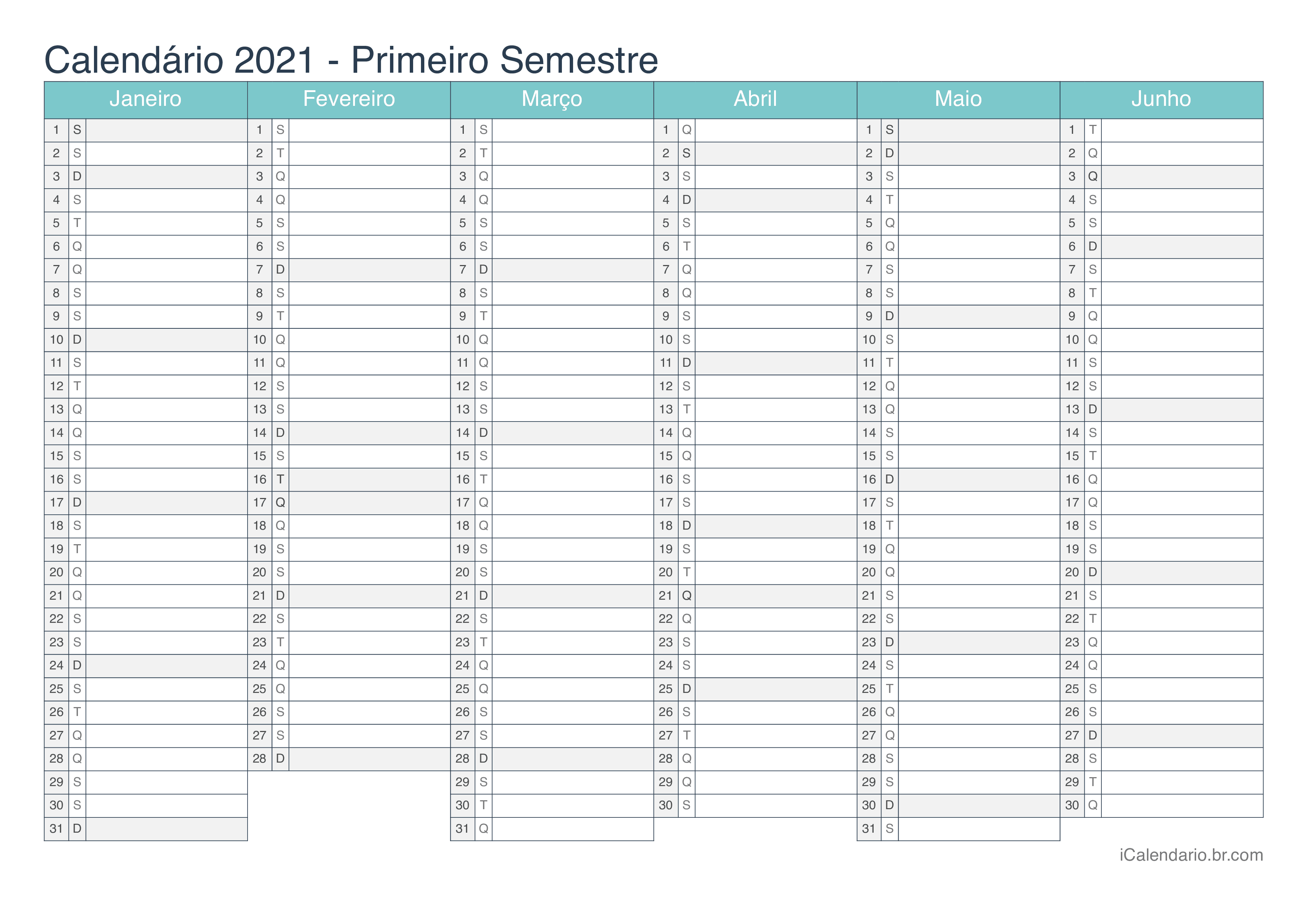 Calendário por semestre 2021 - Turquesa