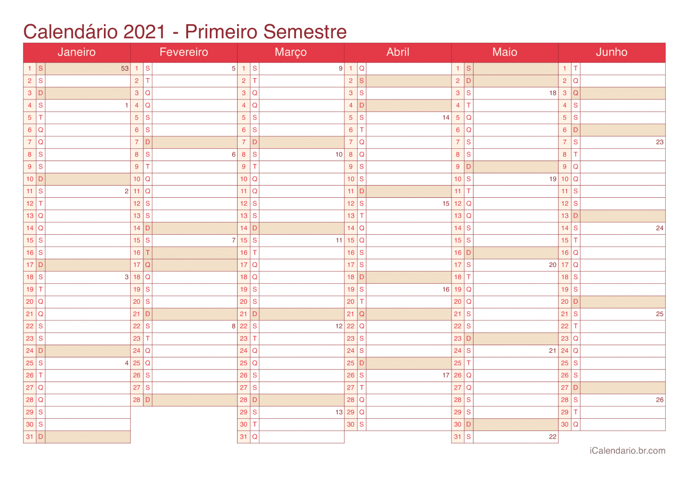 Calendário por semestre com números da semana 2021 - Cherry