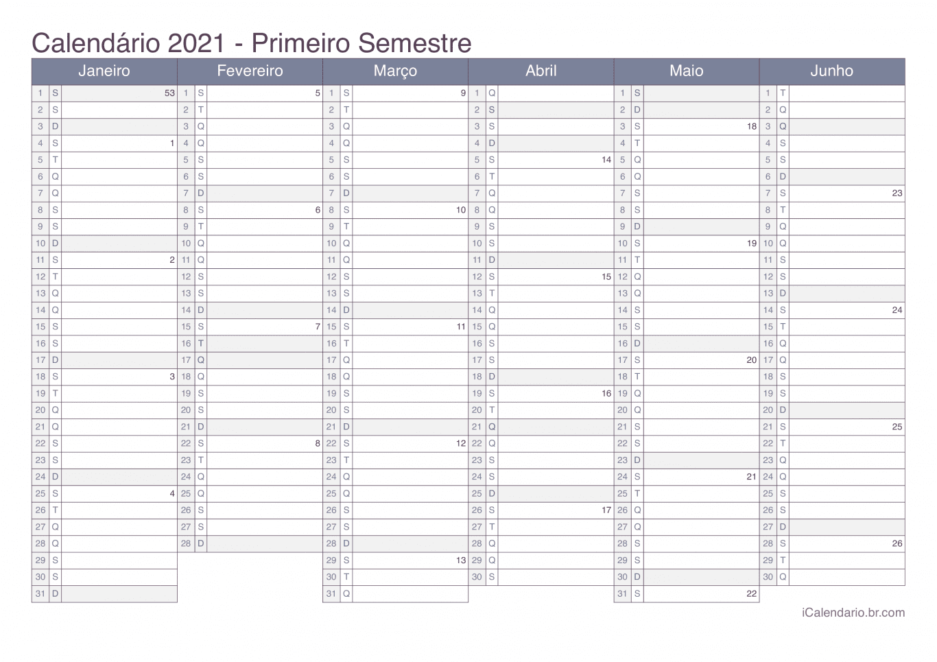 Calendário por semestre com números da semana 2021 - Office