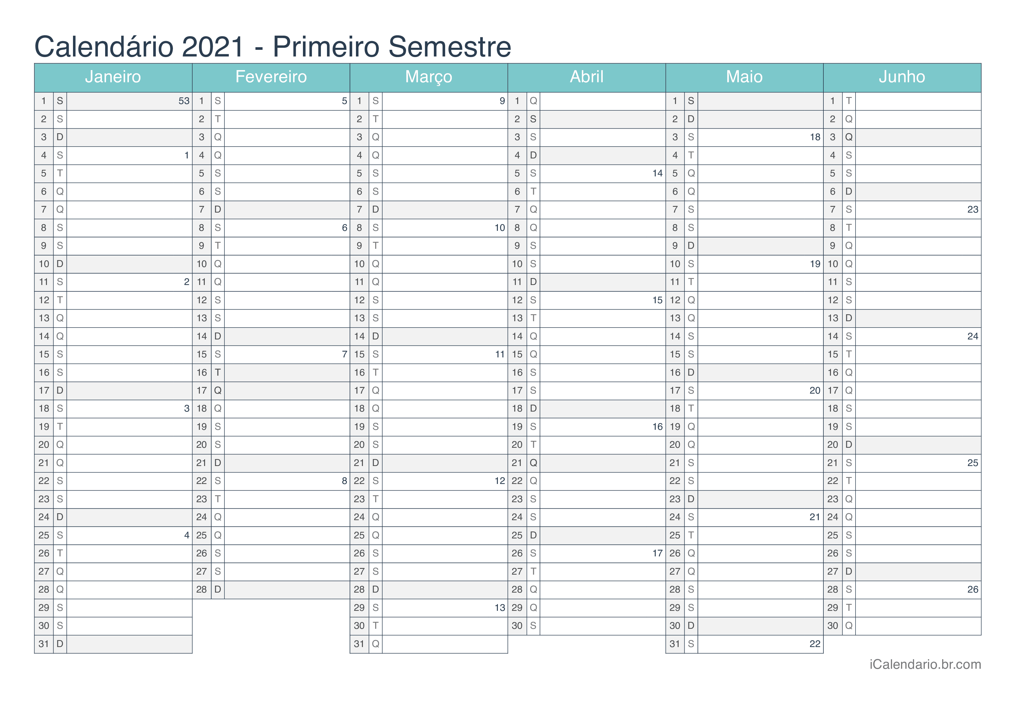 Calendário por semestre com números da semana 2021 - Turquesa