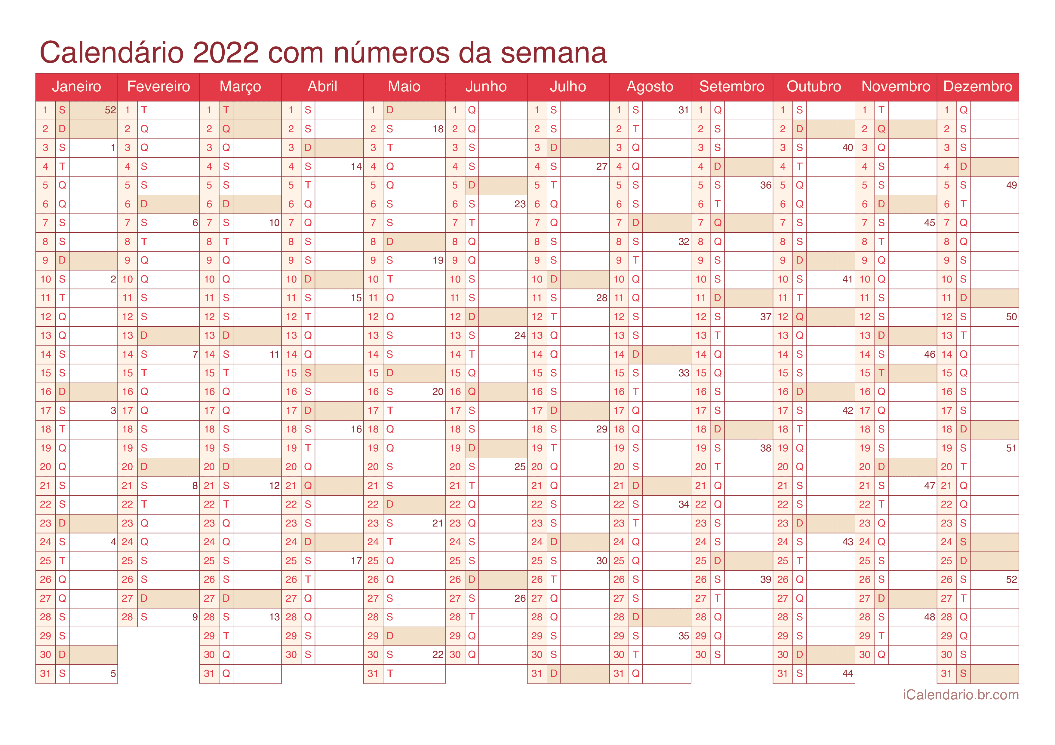 Calendário 2022 com números da semana - Cherry