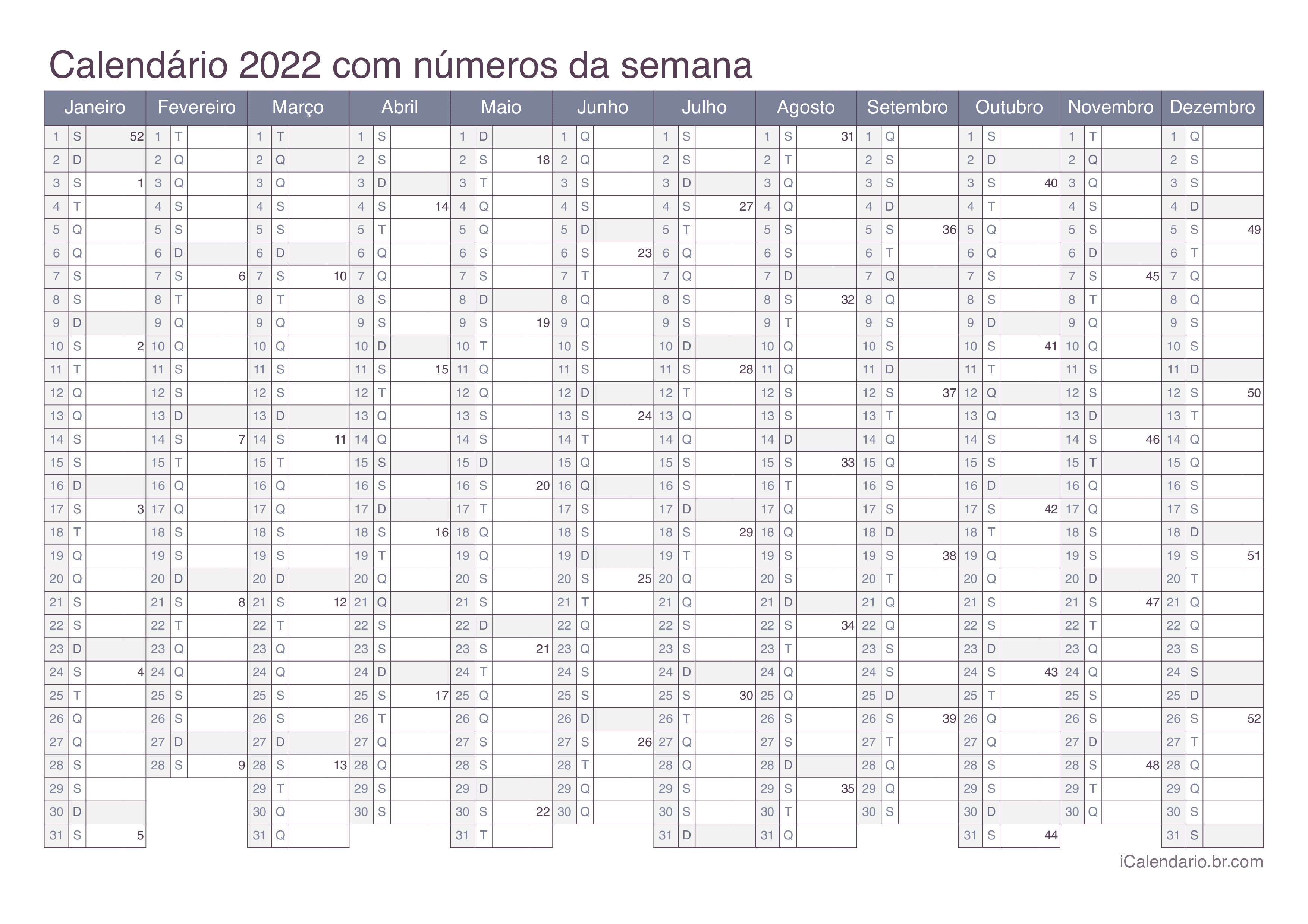 Calendário 2022 com números da semana - Office
