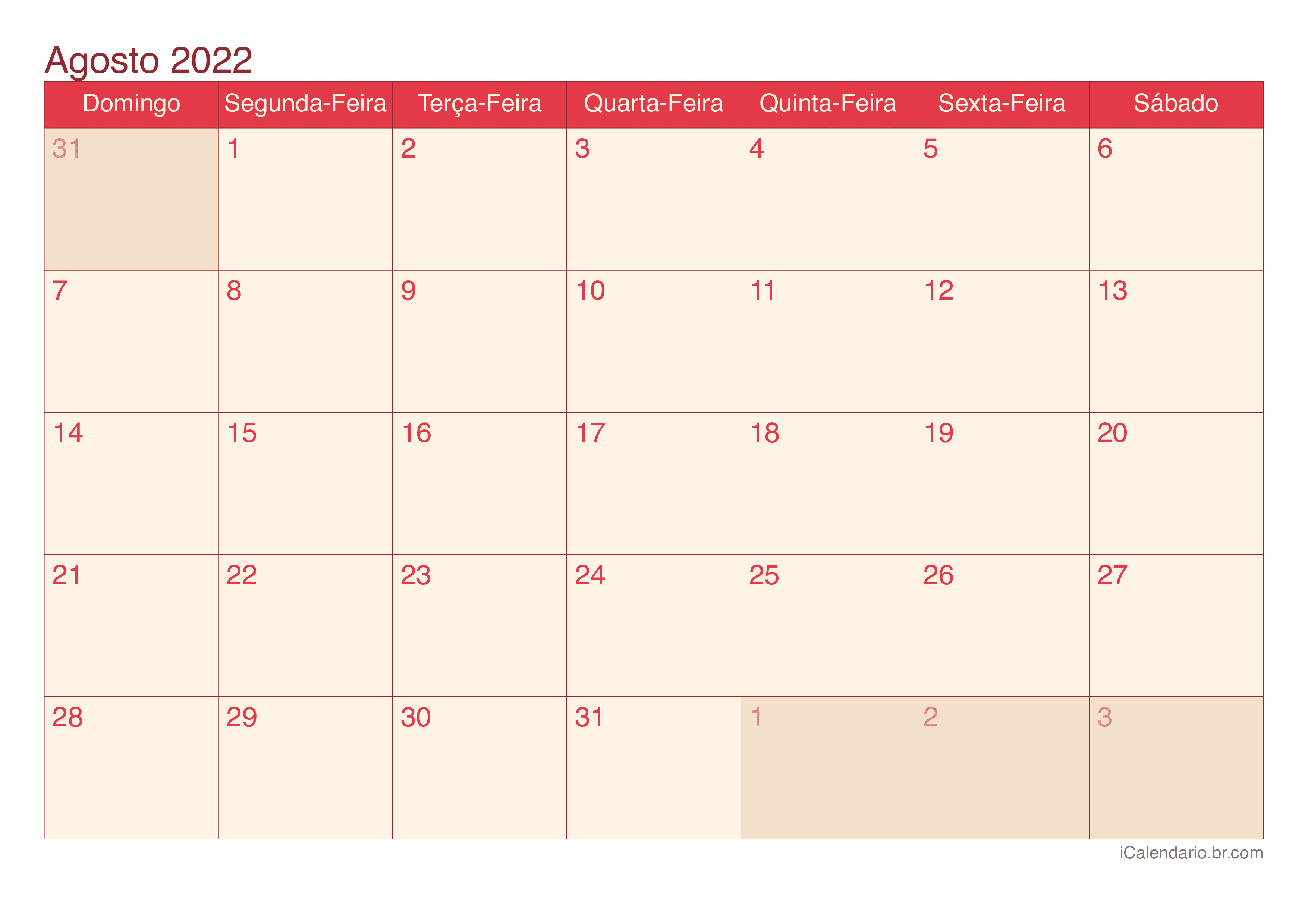 Calendário de agosto 2022 - Cherry