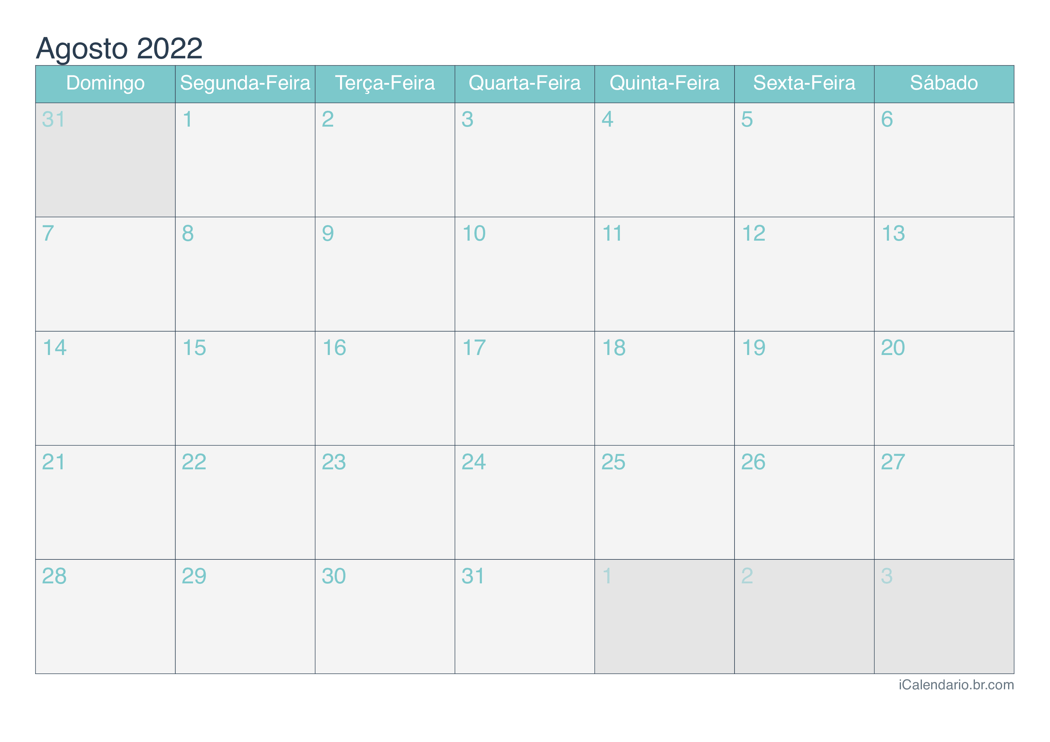 Calendário de agosto 2022 - Turquesa