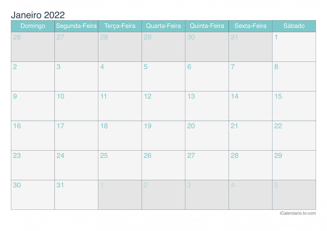 Calendário por mês 2022 - Turquesa