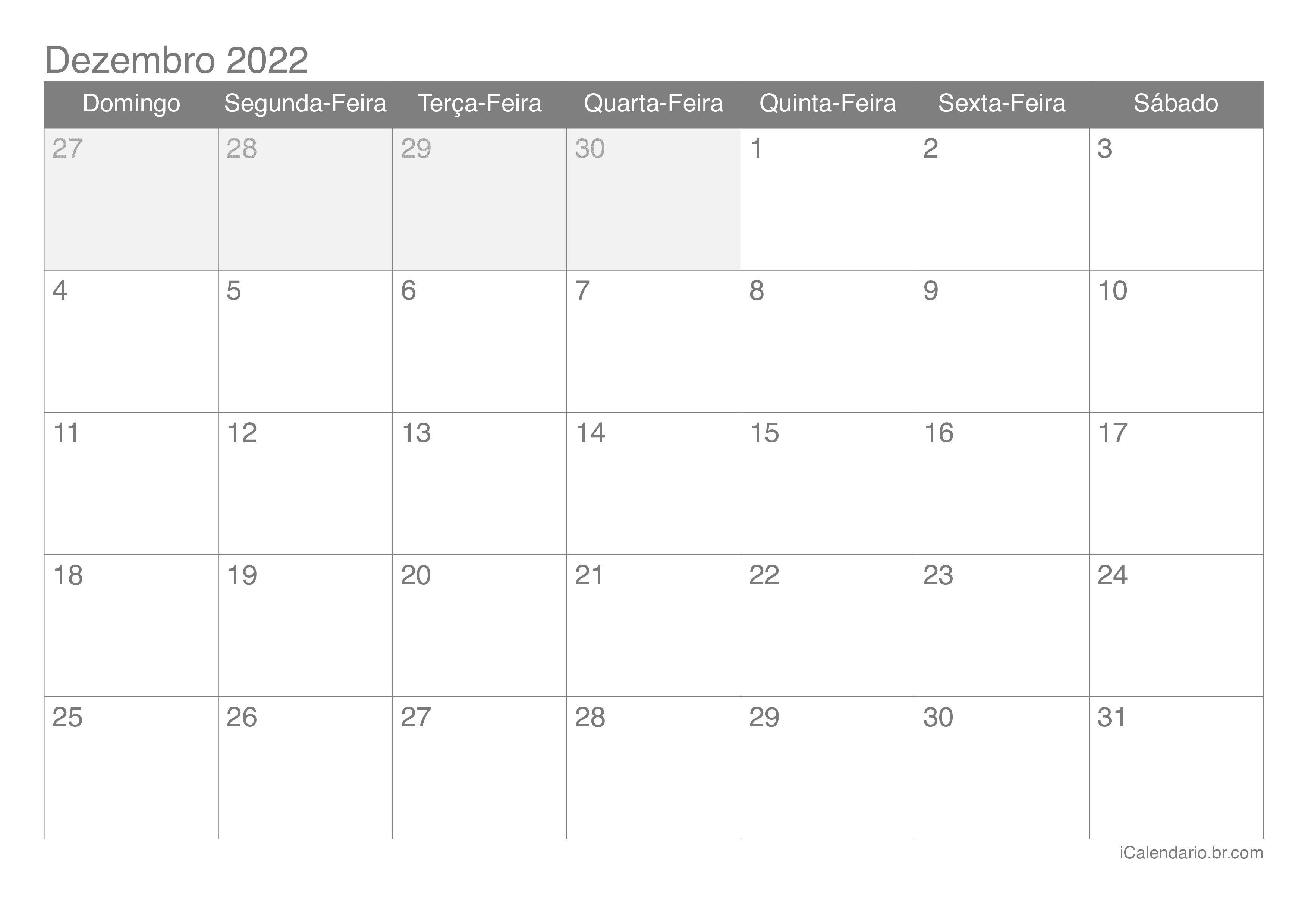 Calendário de dezembro 2022