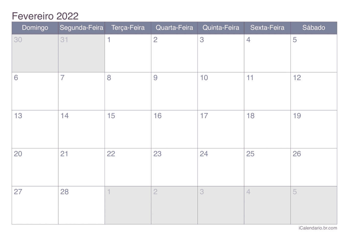 Calendário de fevereiro 2022 - Office