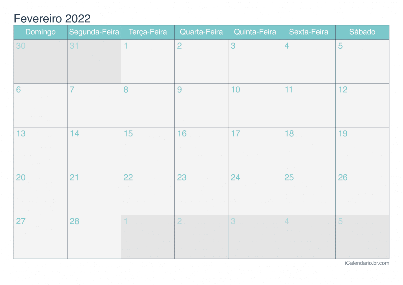 Calendário de fevereiro 2022 - Turquesa